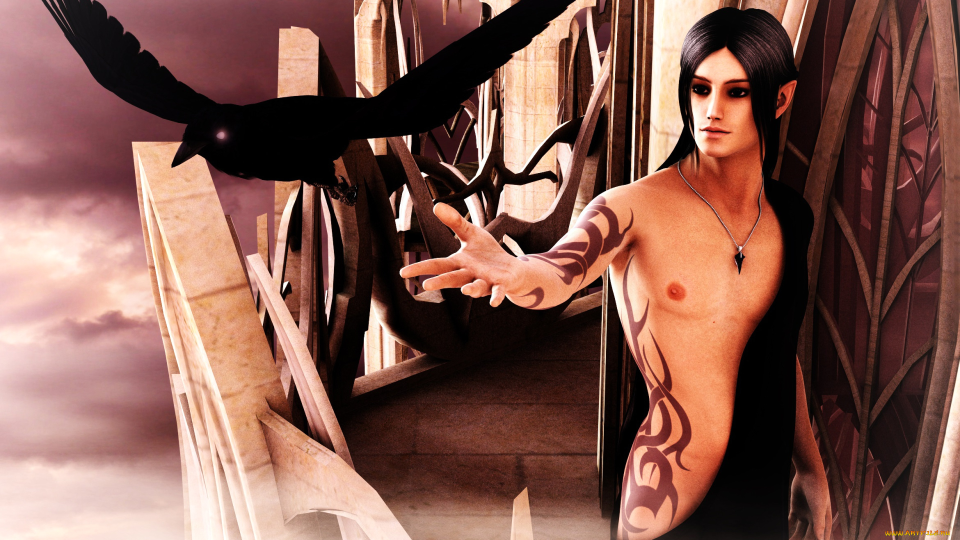 3д, графика, эльфы, , elves, ворона, птица, парень