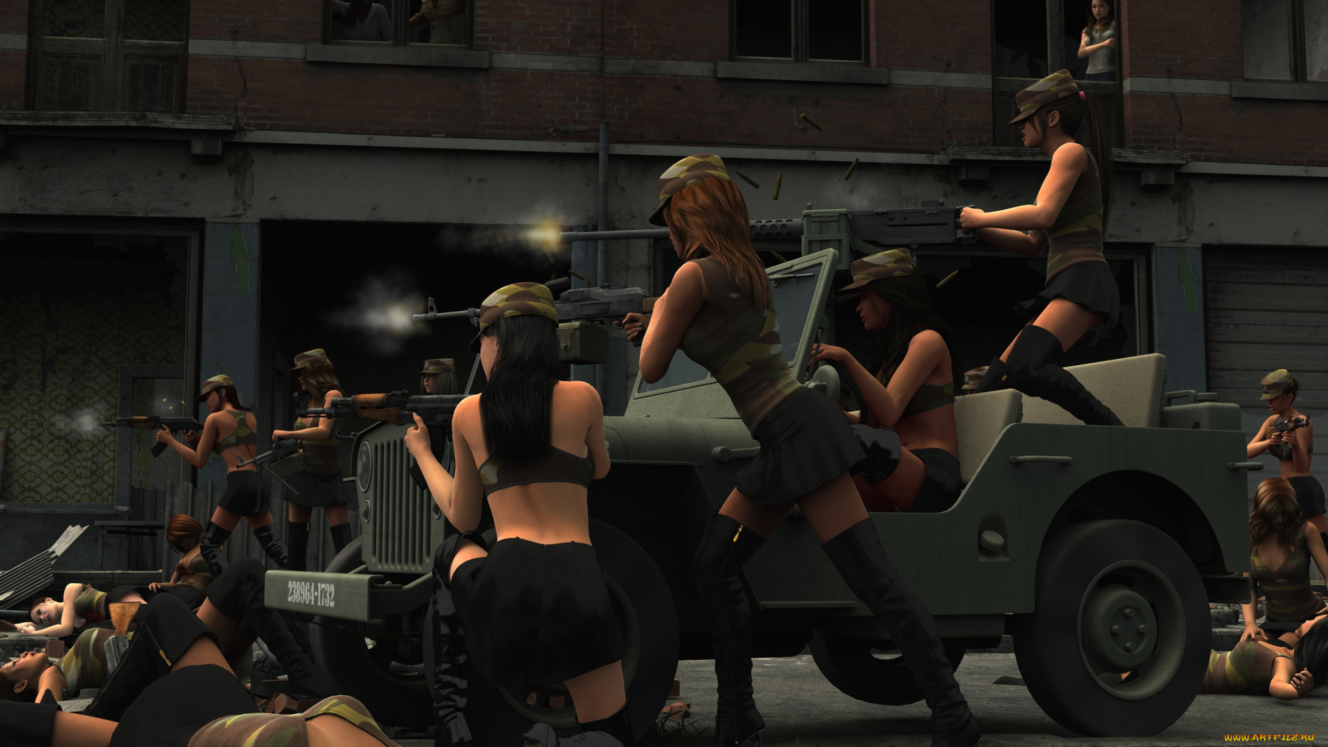 3д, графика, фантазия, , fantasy, автомобиль, атака, бой, оружие, фон, взгляд, девушки