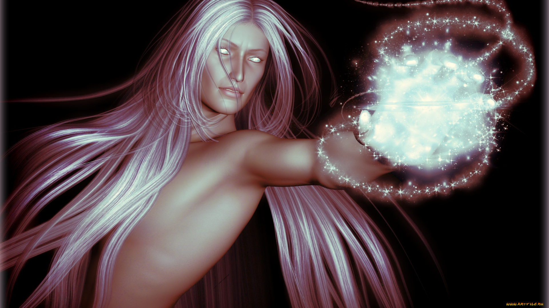 3д, графика, фантазия, , fantasy, взгляд, волосы, белые, фон, рука, магия, парень