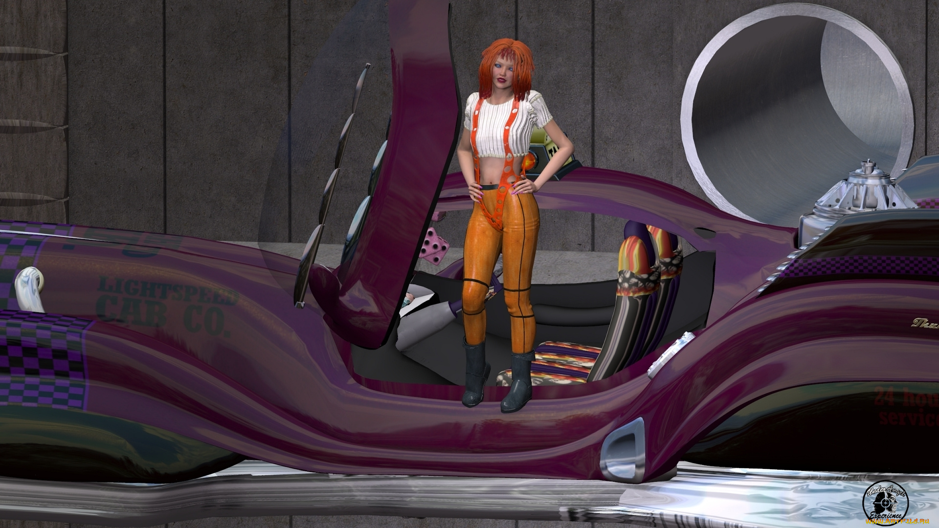 3д, графика, люди, , people, автомобиль, рыжая, фон, взгляд, девушка