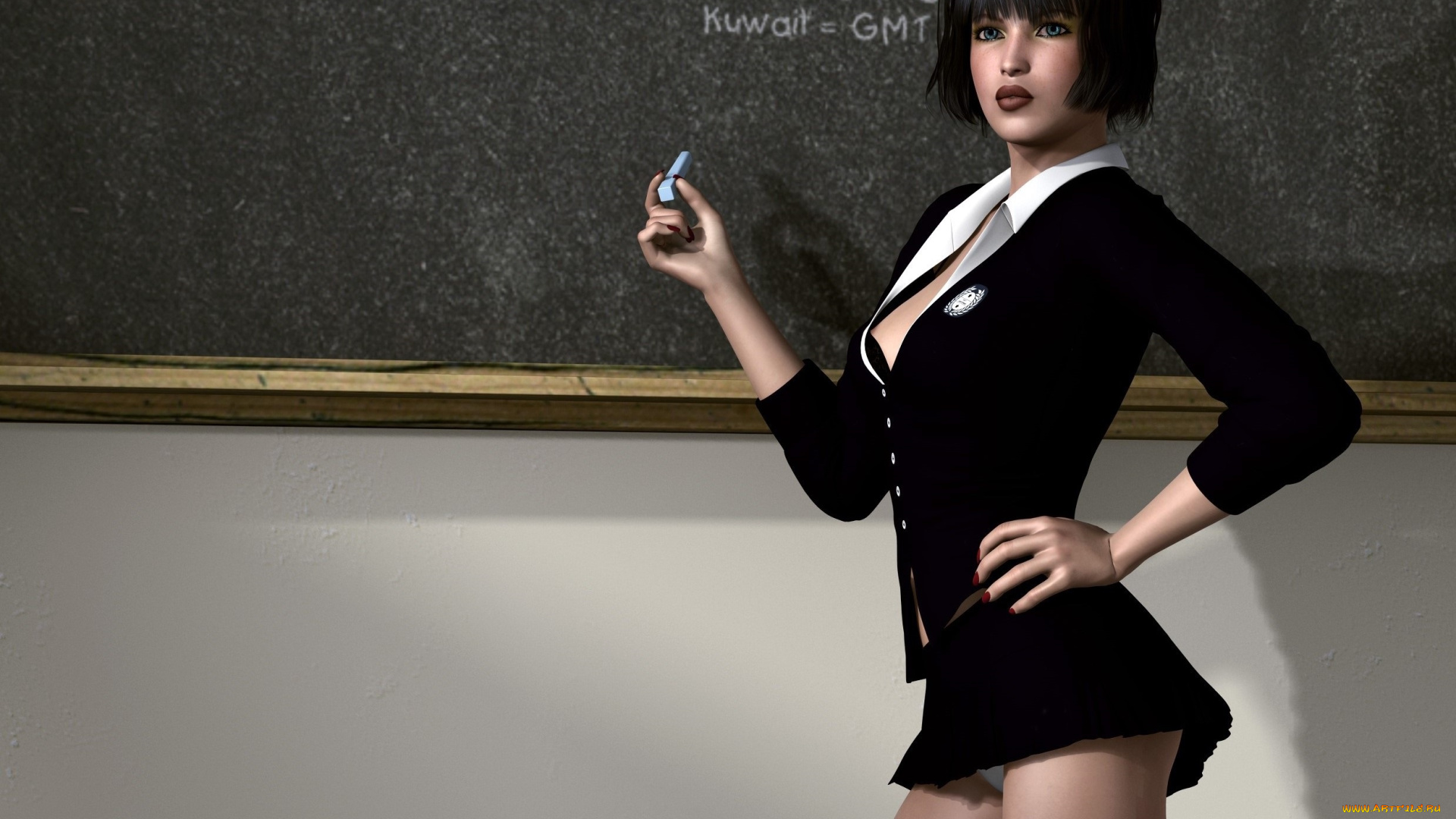 3д, графика, люди, , people, девушка, взгляд, фон, доска, мел, учительница