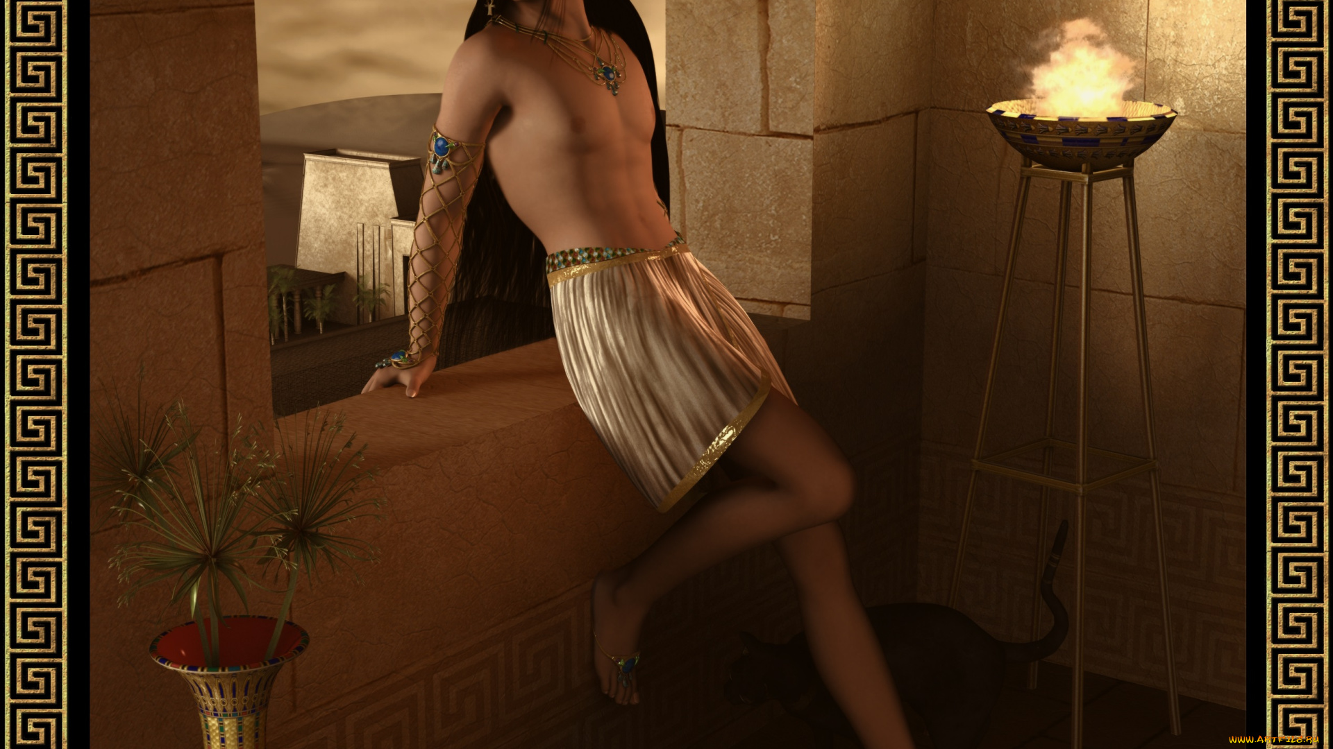 3д, графика, люди, , people, египет, парень, окно, букет, ваза, стены, украшения, египтянин