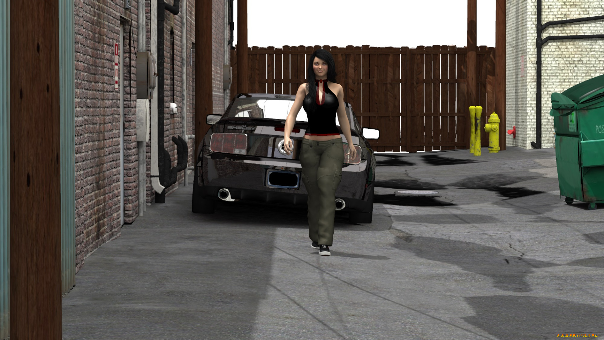 3д, графика, люди, , people, фон, взгляд, девушка, улыбка, автомобиль, улица, дома, забор