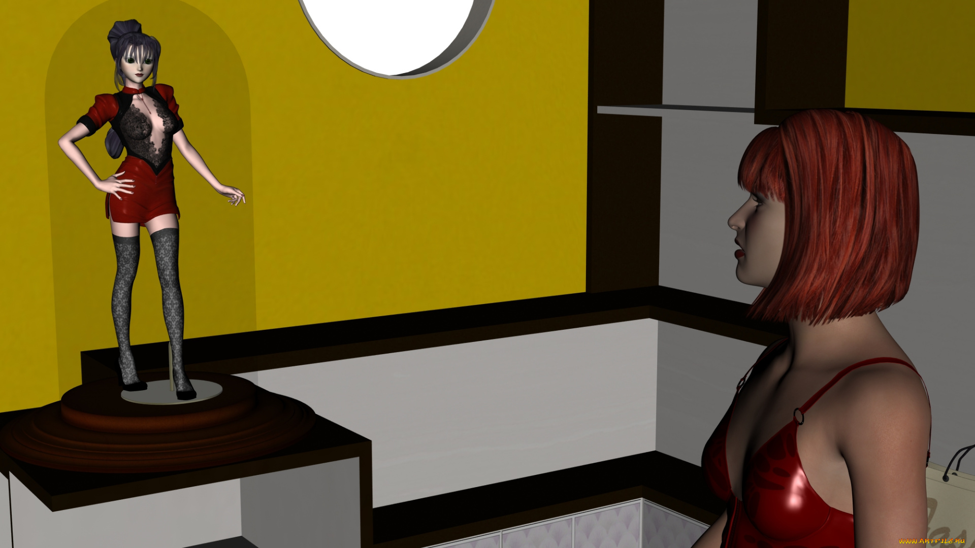 3д, графика, люди, , people, рыжая, фон, взгляд, девушка, статуэтка