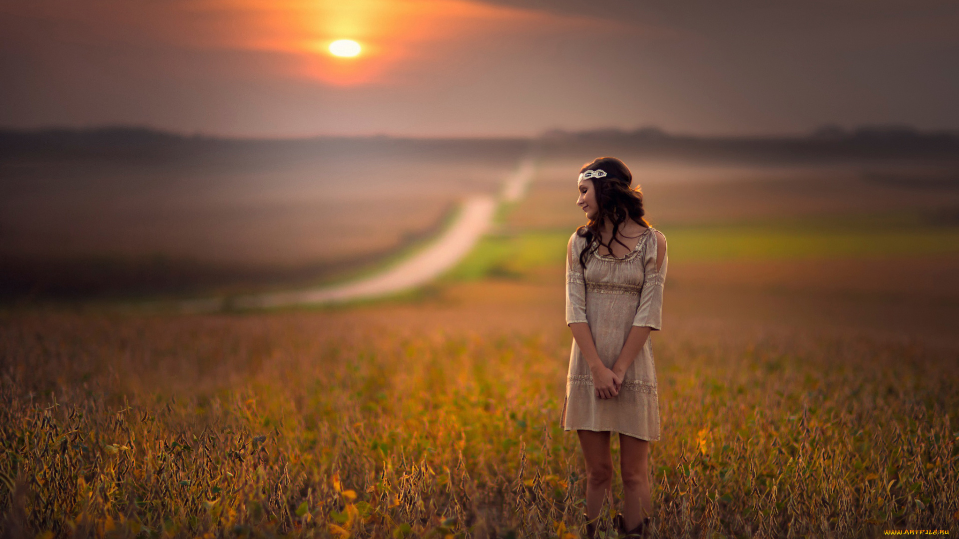девушки, -unsort, , брюнетки, , шатенки, девушка, природа, закат, солнце, небо, поле