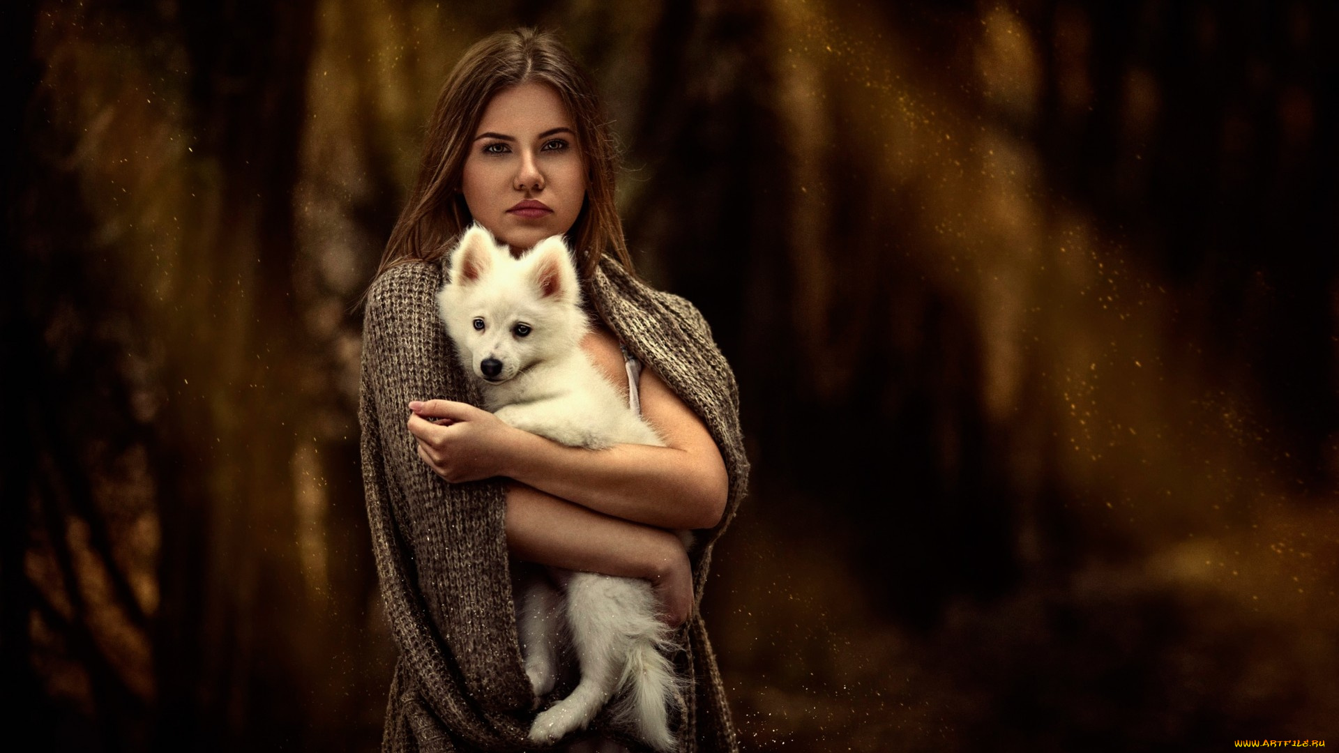 девушки, -unsort, , брюнетки, , шатенки, собачка, девушка, белый, щенок