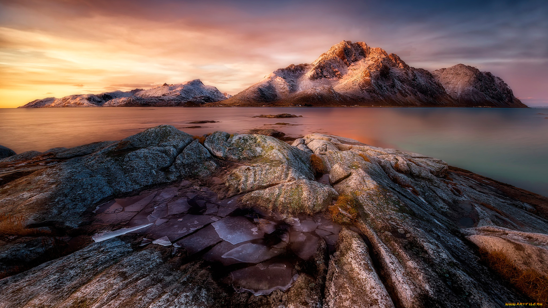 природа, побережье, frozen, sunrise, лёд, скалы, камни