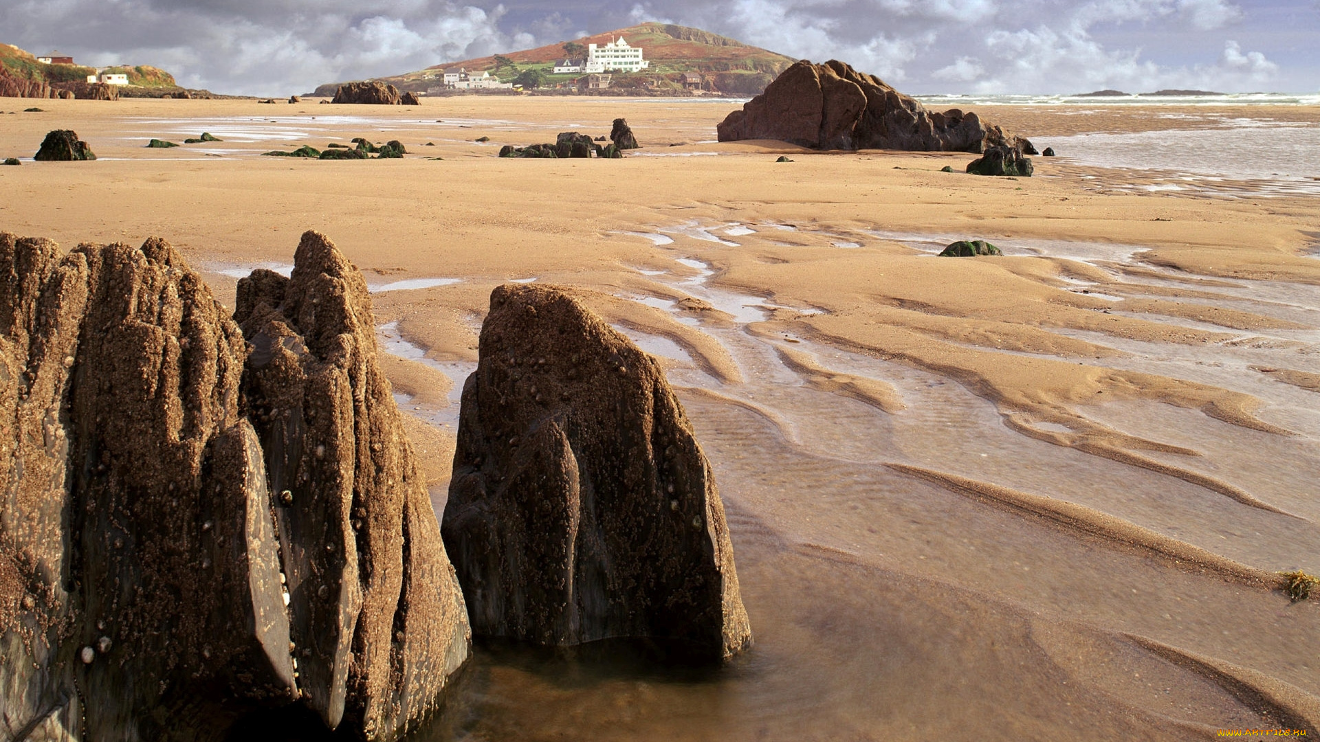 природа, побережье, небо, песок, камни