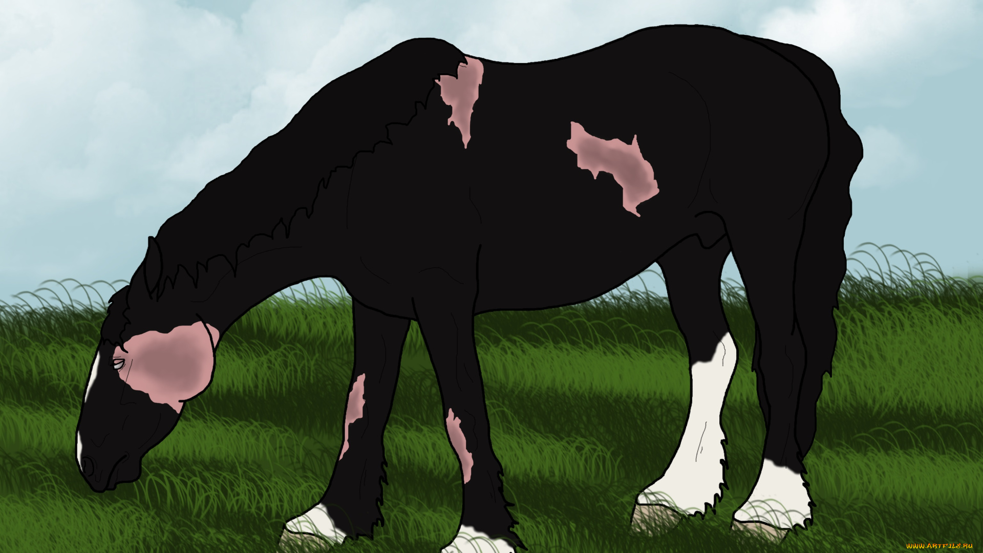 рисованное, животные, , лошади, лето, трава, лошади