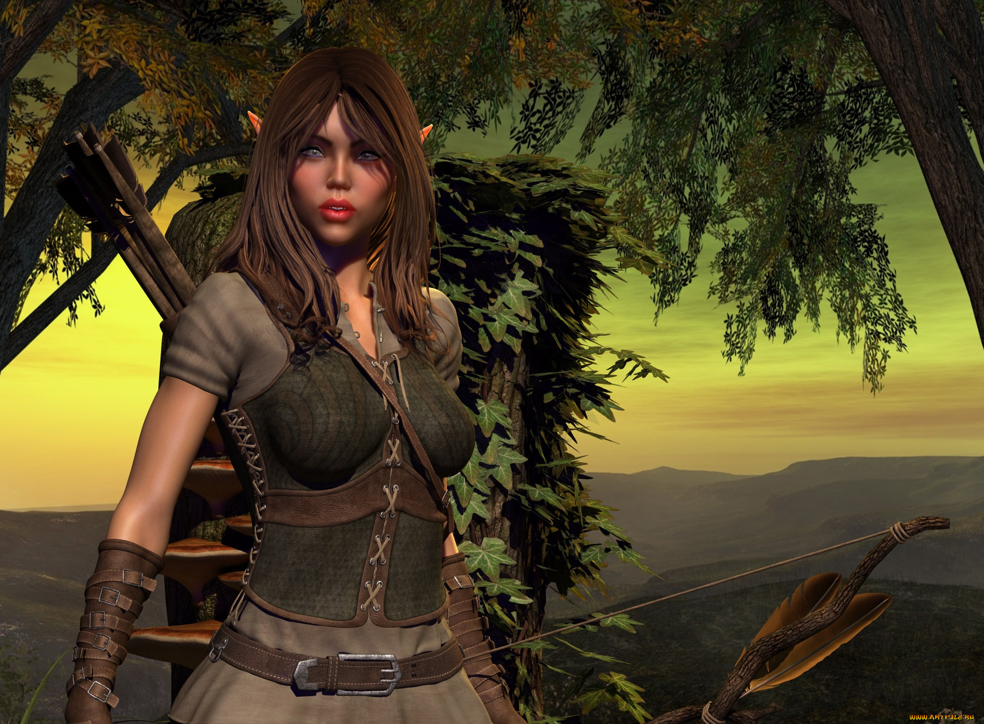 3д, графика, эльфы, , elves, горы, небо, дерево, лук, фон, взгляд, эльфика