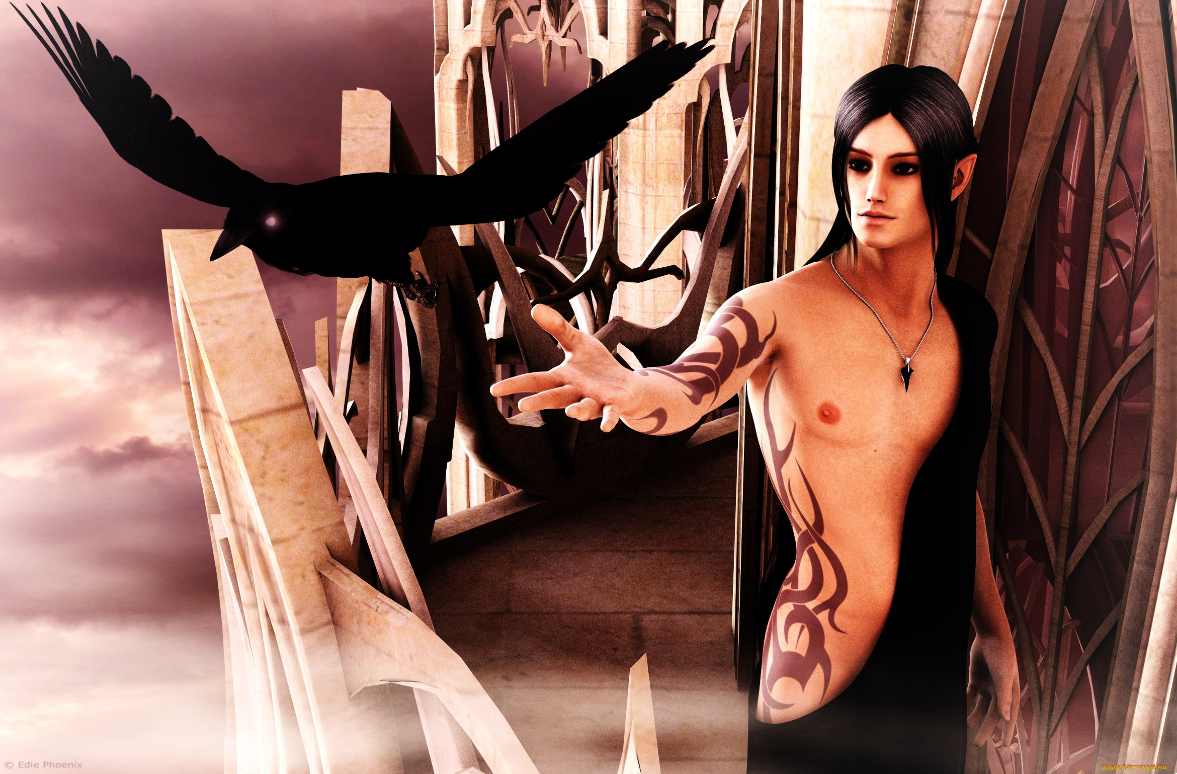 3д, графика, эльфы, , elves, ворона, птица, парень