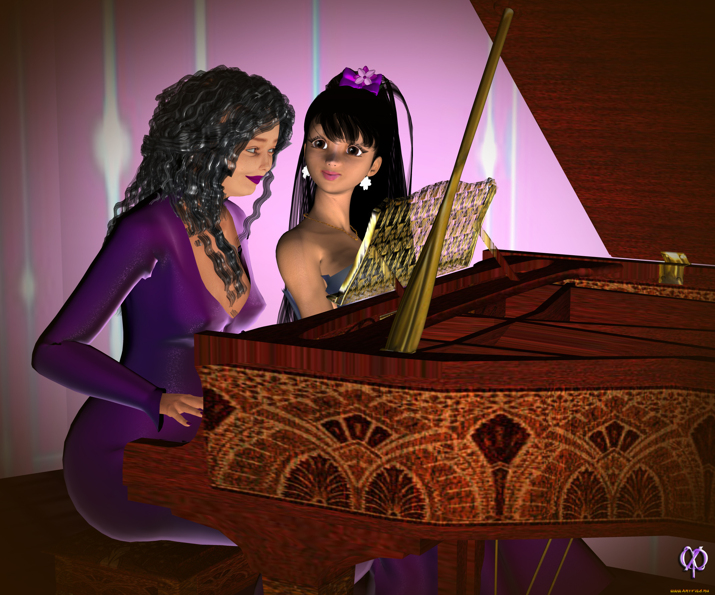 3д, графика, люди, , people, мать, пианино, дочь