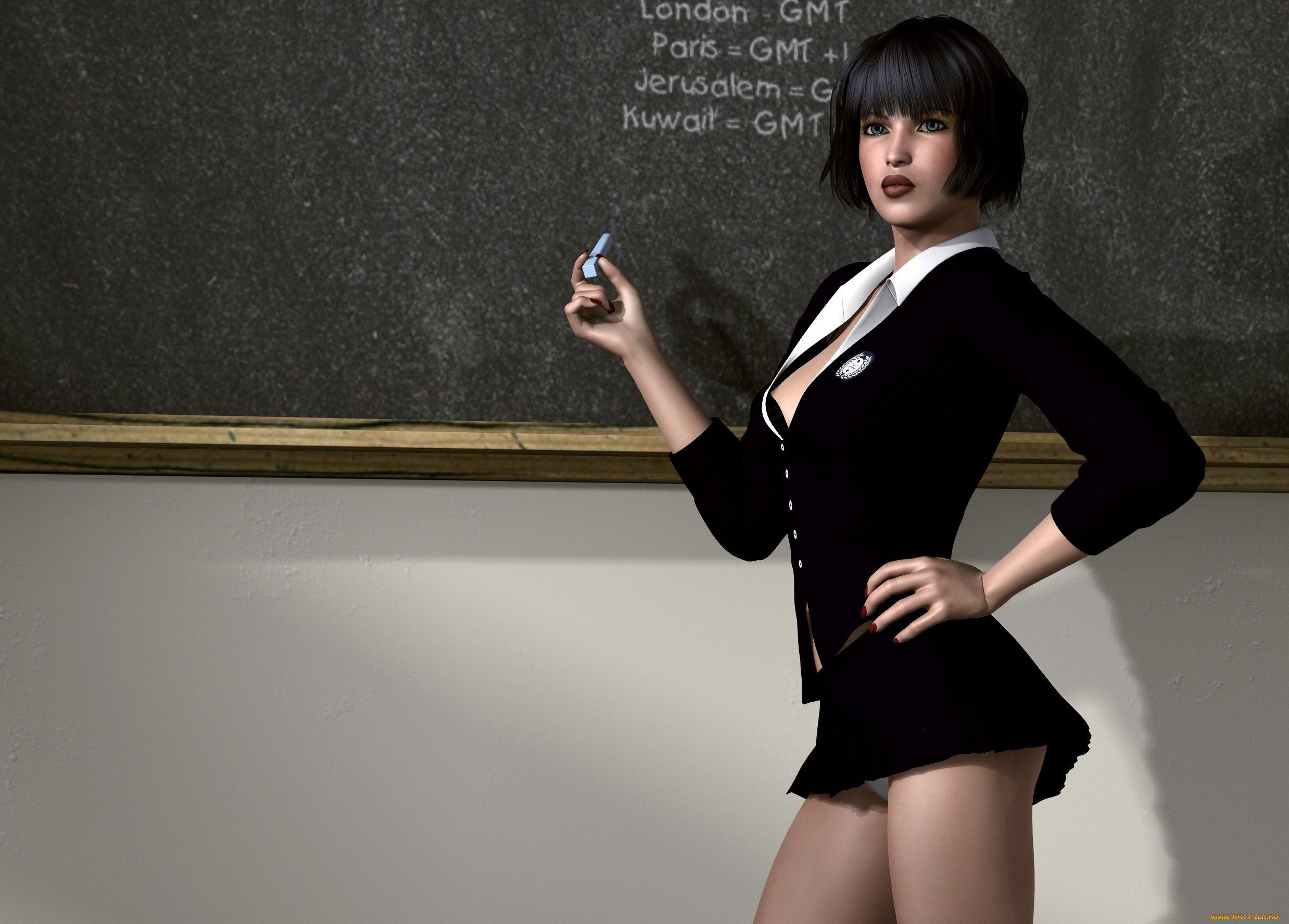 3д, графика, люди, , people, девушка, взгляд, фон, доска, мел, учительница