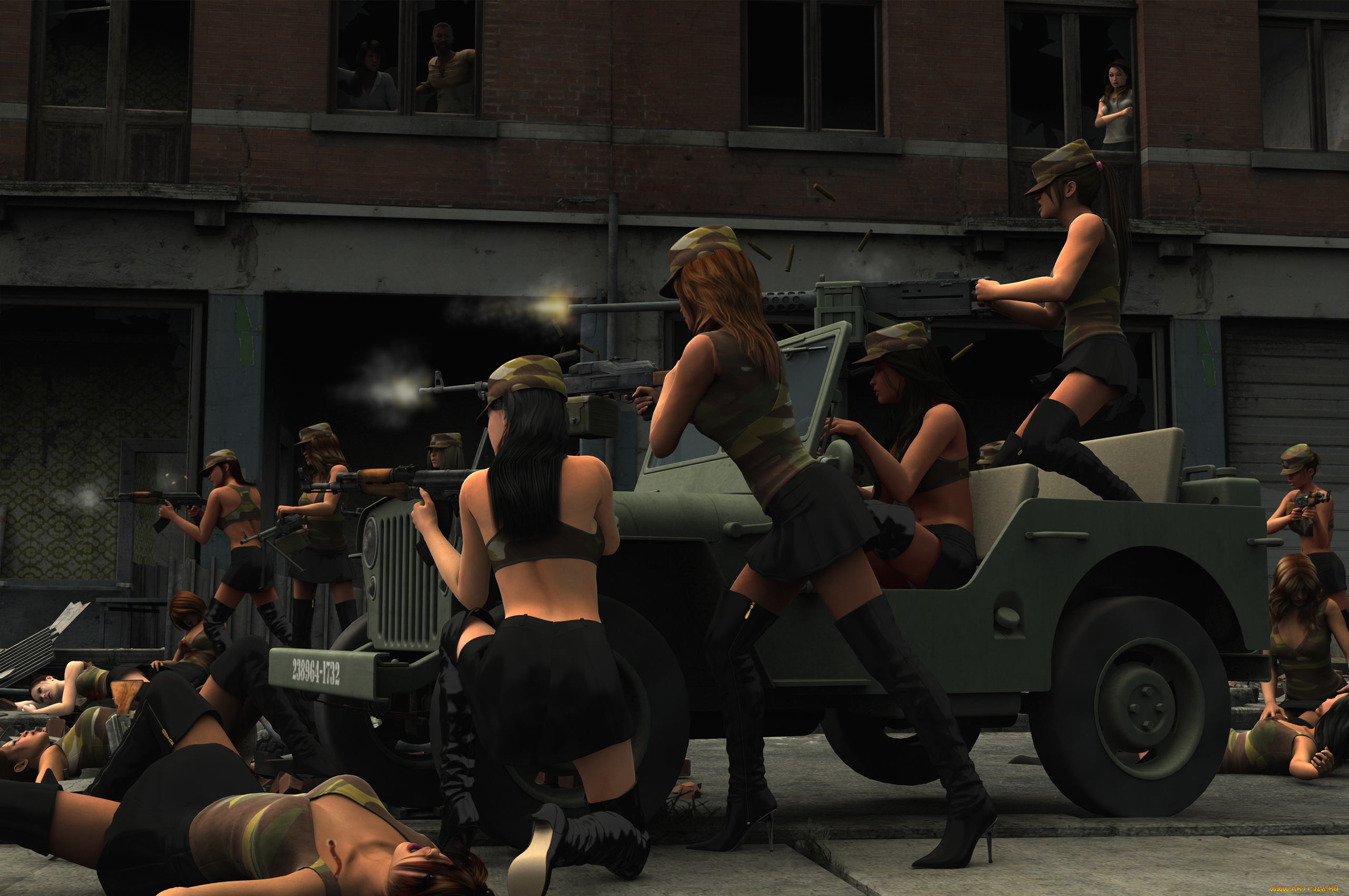 3д, графика, фантазия, , fantasy, автомобиль, атака, бой, оружие, фон, взгляд, девушки