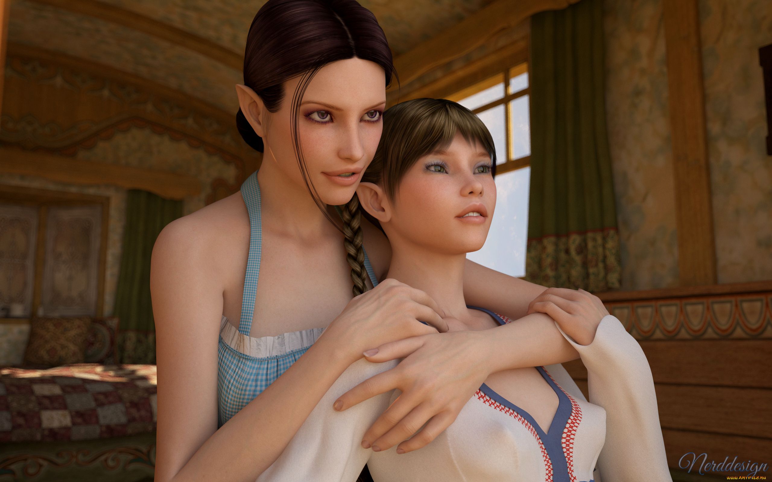 3д, графика, эльфы, , elves, девушки, взгляд, фон, улыбка, элфийки