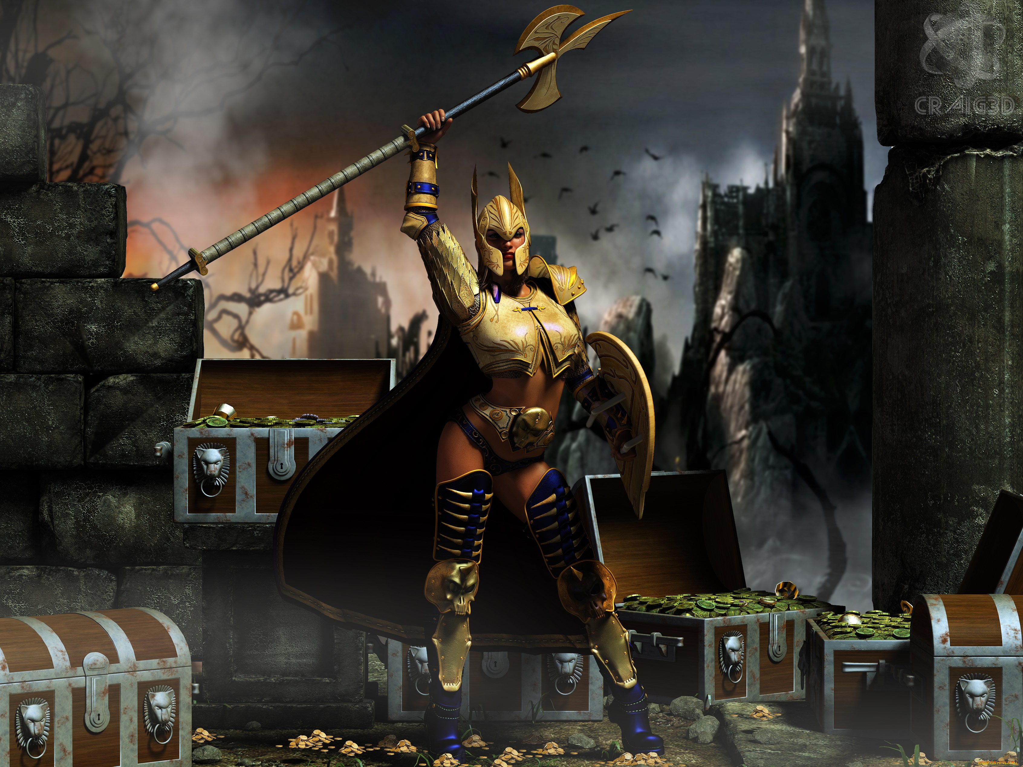 3д, графика, амазонки, , amazon, оружие, доспехи, щит, сундуки, золото, город, ночь, фон, взгляд, девушка