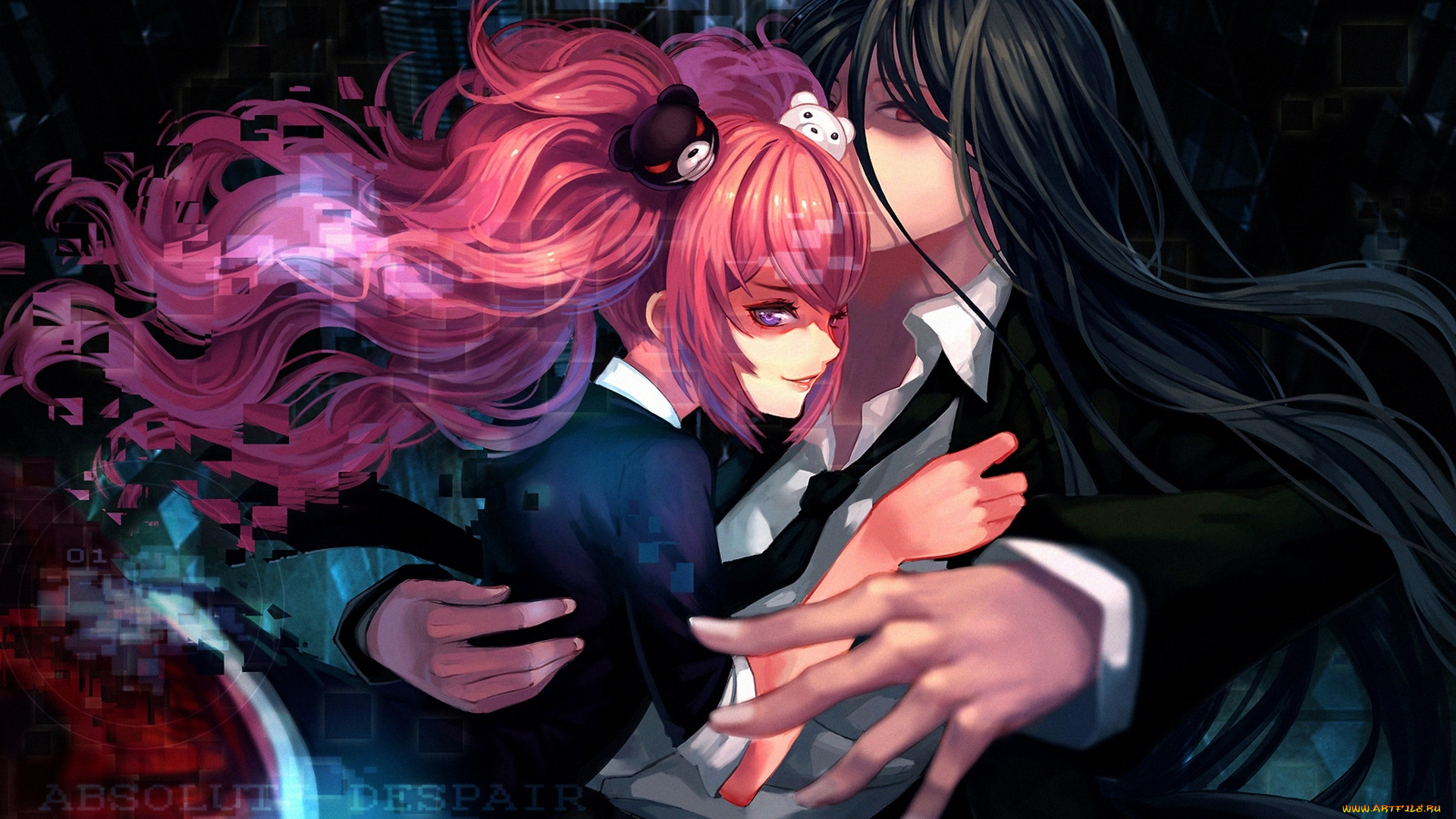 аниме, danganronpa, catwyz, арт, объятия, улыбка, kamukura, izuru, enoshima, junko, dangan-ronpa, парень, девушка, мишки