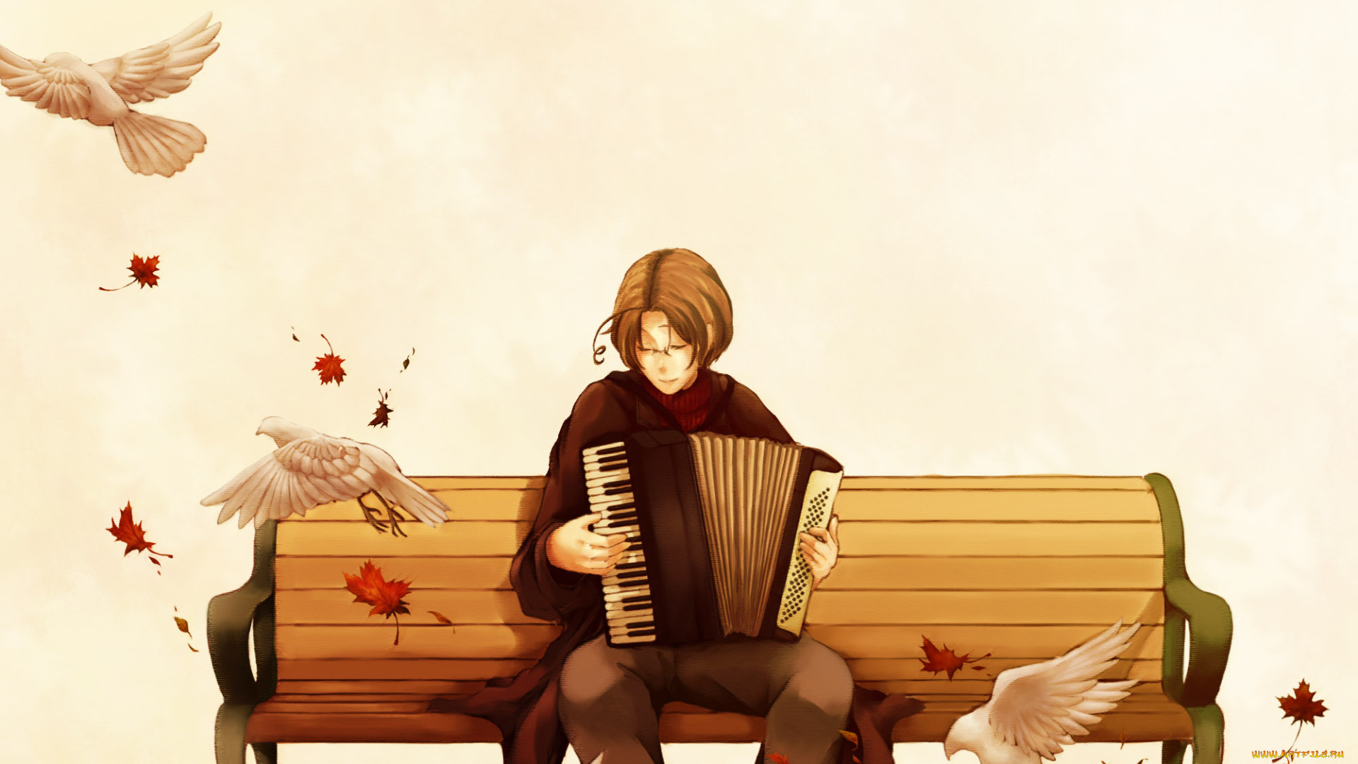 аниме, hetalia, , axis, powers, скамья, осень, голуби, парк, фон