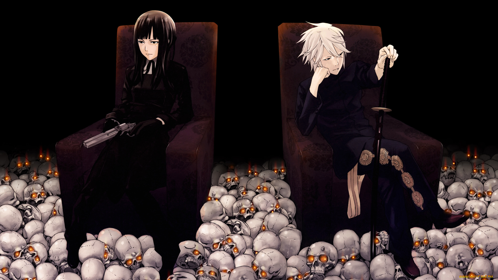 аниме, unknown, , другое, yuusuke, kozaki, art, тьма, много, горящие, глаза, катана, пистолет, черепа, kirio, uchida, karasuma, kyouna