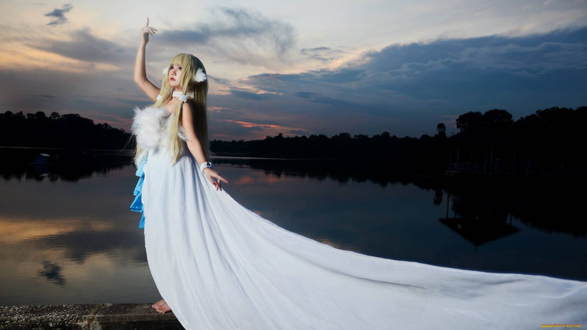 девушки, -unsort, , азиатки, озеро, блондинка, закат, вечер, азиатка, шлейф, жест