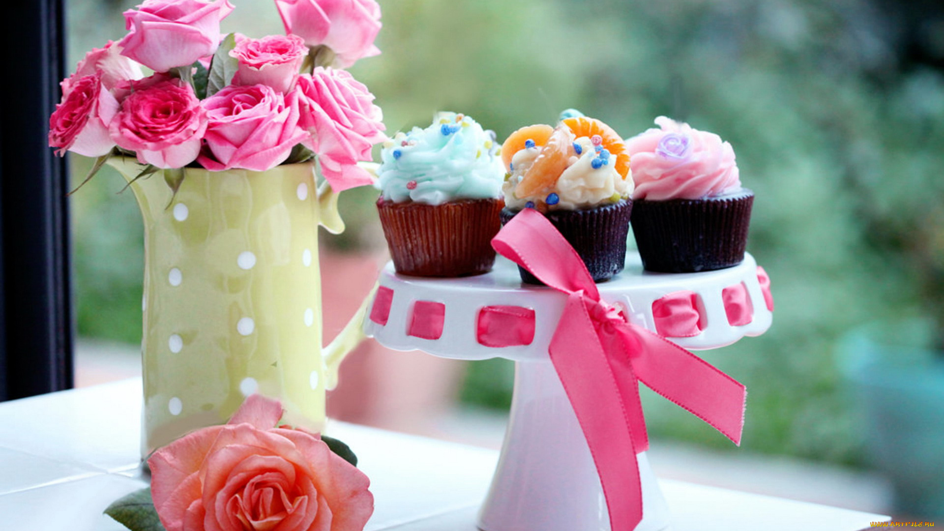еда, пирожные, , кексы, , печенье, бант, ваза, кексы, розы