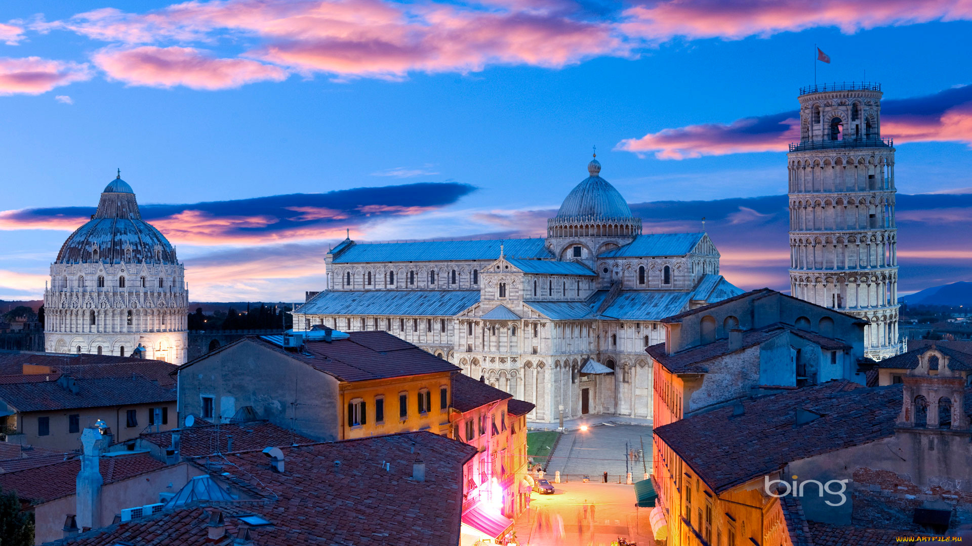 города, пиза, , италия, огни, вечер, облака, небо, башня, колокольня, кафедральный, собор, пиза