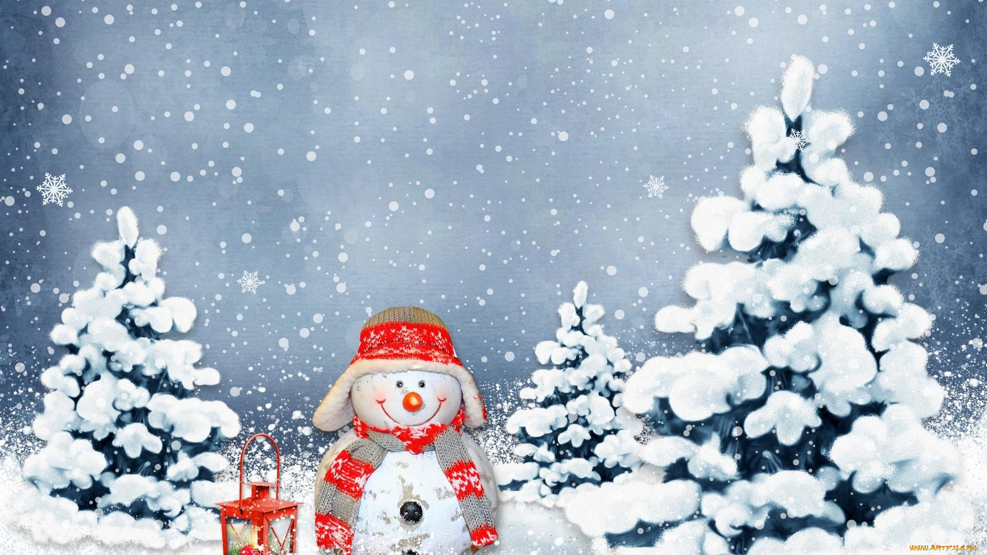 праздничные, снеговики, ёлки, улыбка, снеговик, снег, снежинки, зима, фонарь