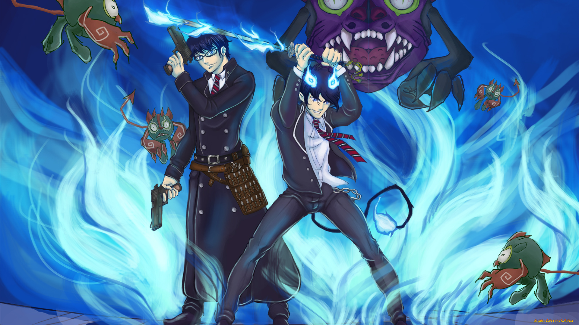 разное, арты, арт, фон, синий, экзорцист, рин, юкио