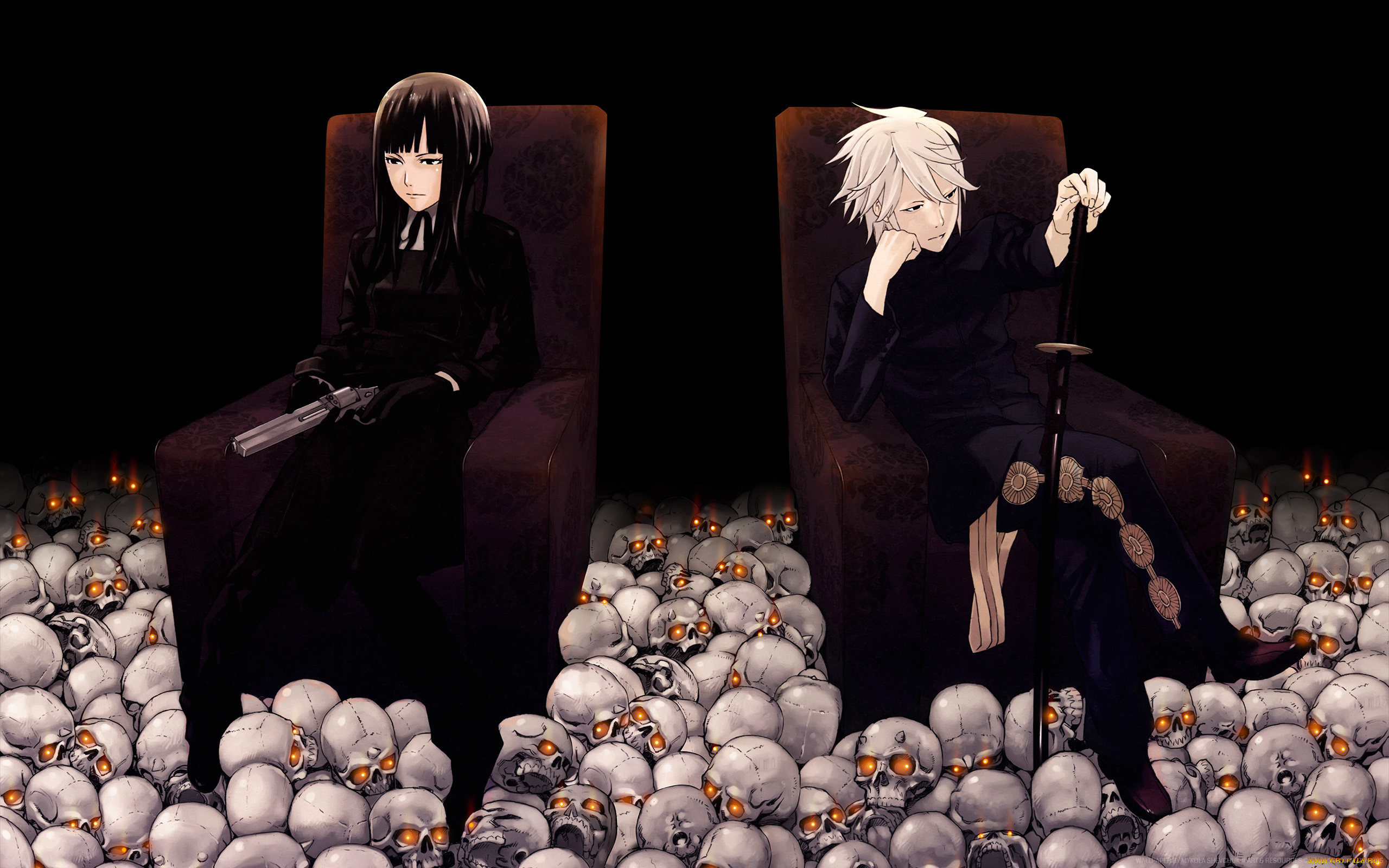 аниме, unknown, , другое, yuusuke, kozaki, art, тьма, много, горящие, глаза, катана, пистолет, черепа, kirio, uchida, karasuma, kyouna