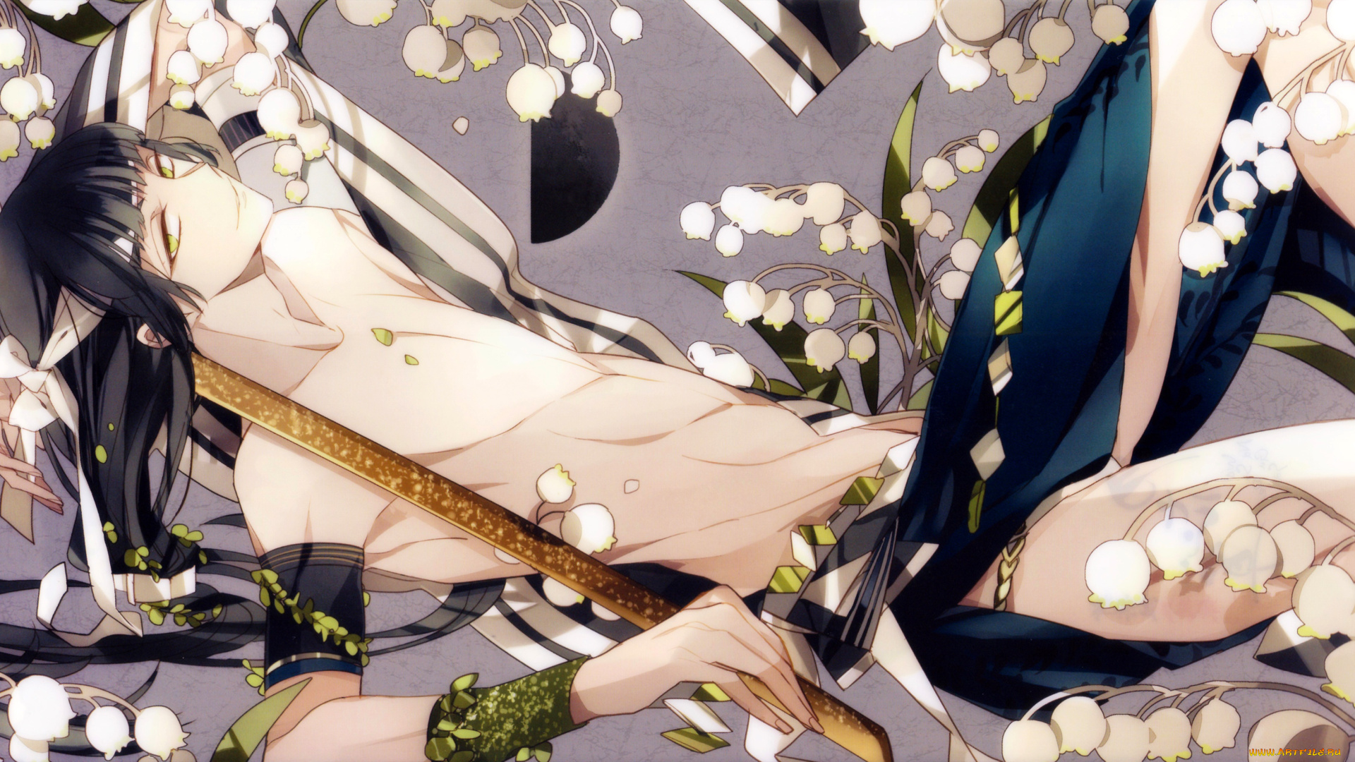 аниме, hakuouki, ландыши, suou, катана, повязка, shinsengumi, kitan, демоны, бледной, сакуры, art, парень, kondou, isami, лежит