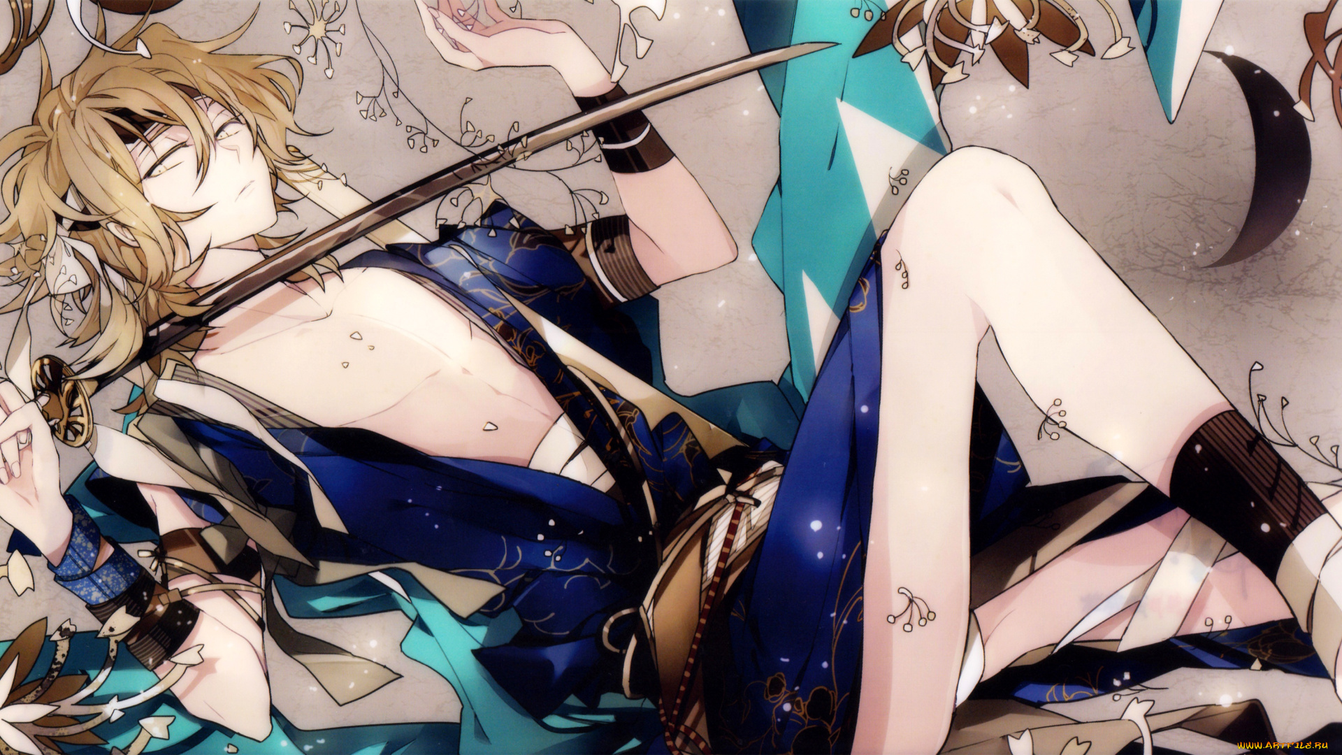 аниме, hakuouki, ликорис, suou, катана, shinsengumi, kitan, okita, souji, демоны, бледной, сакуры, art, кимоно, парень, лежит