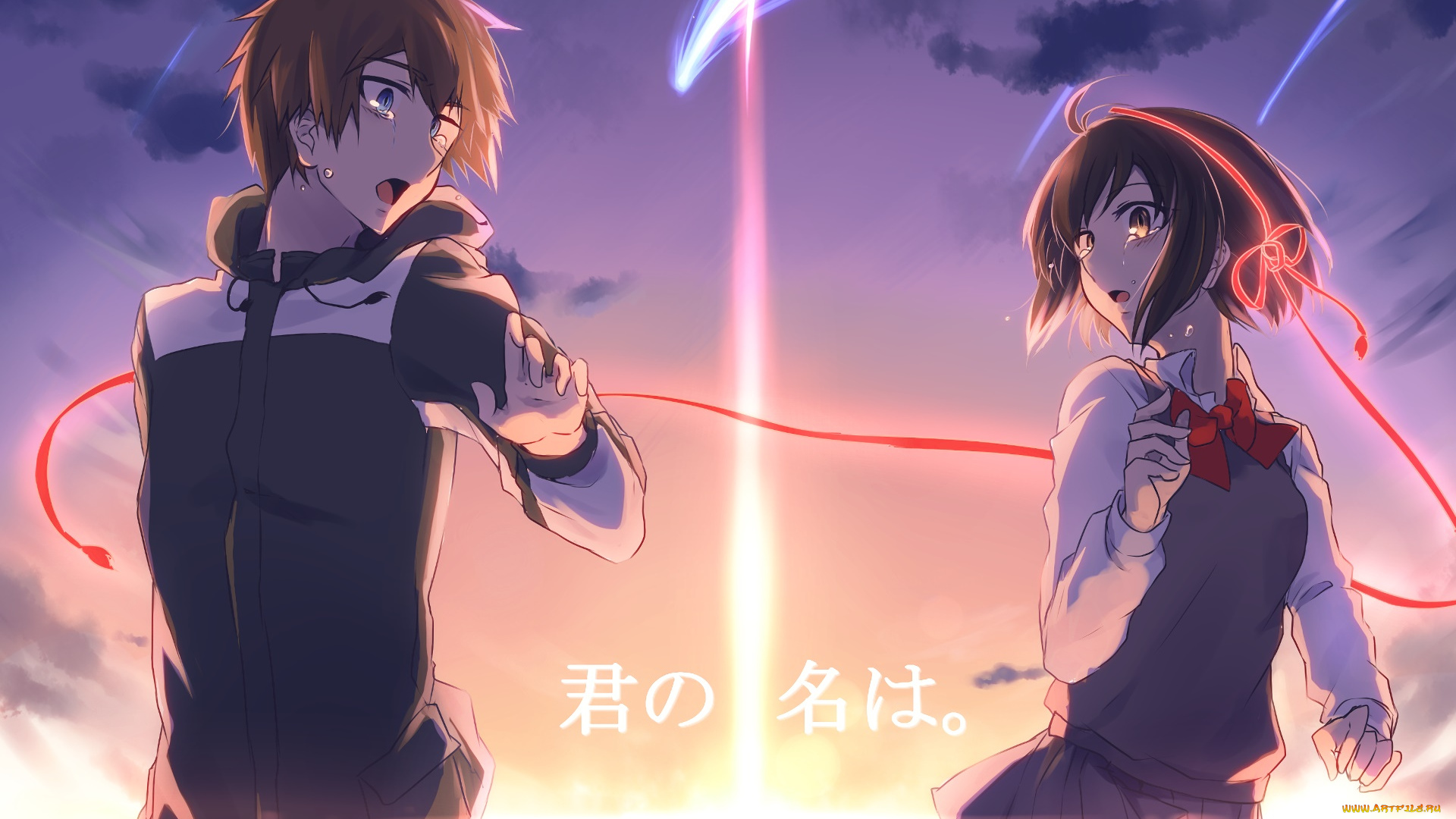 аниме, kimi, no, na, wa, парень, фон, взгляд, девушка