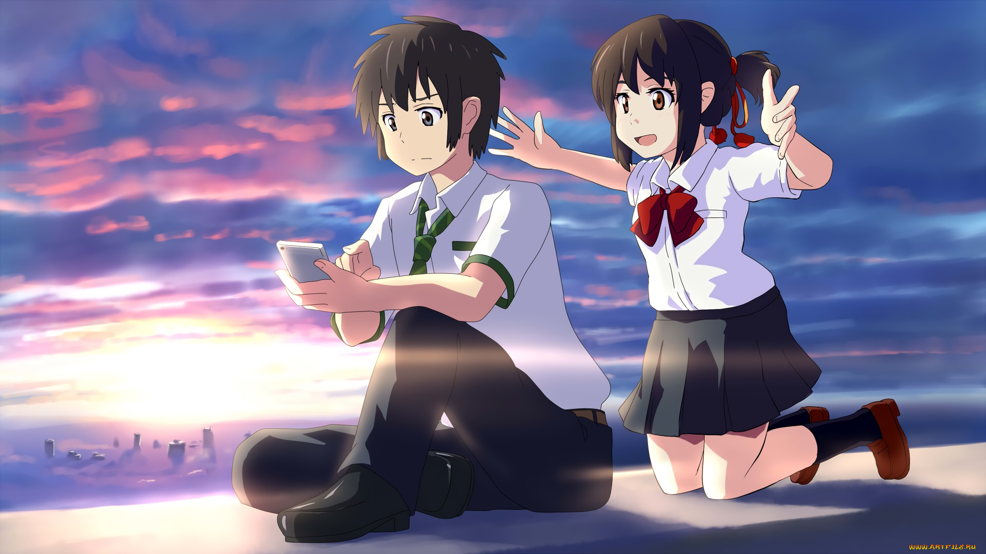 аниме, kimi, no, na, wa, взгляд, девушка, парень, фон