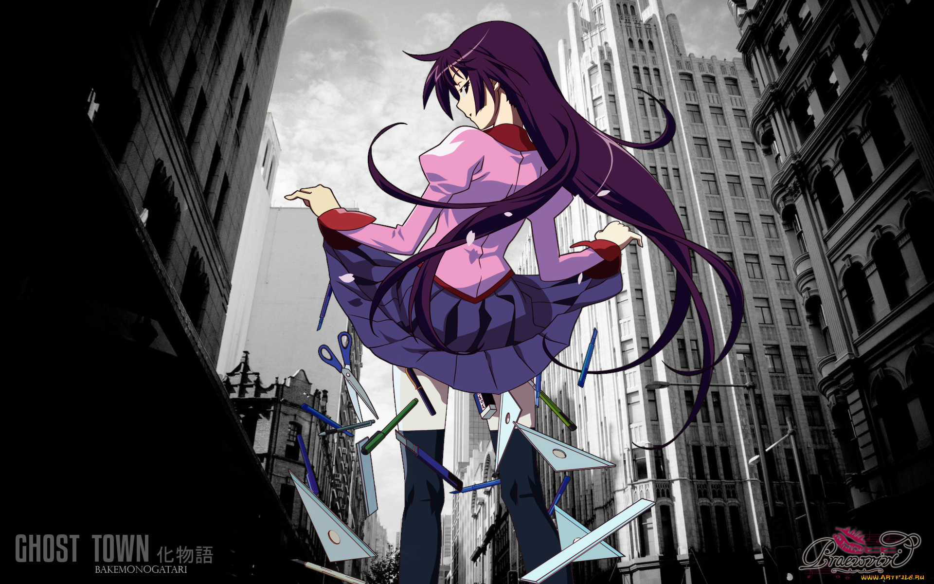 аниме, bakemonogatari, фон, взгляд, девушка