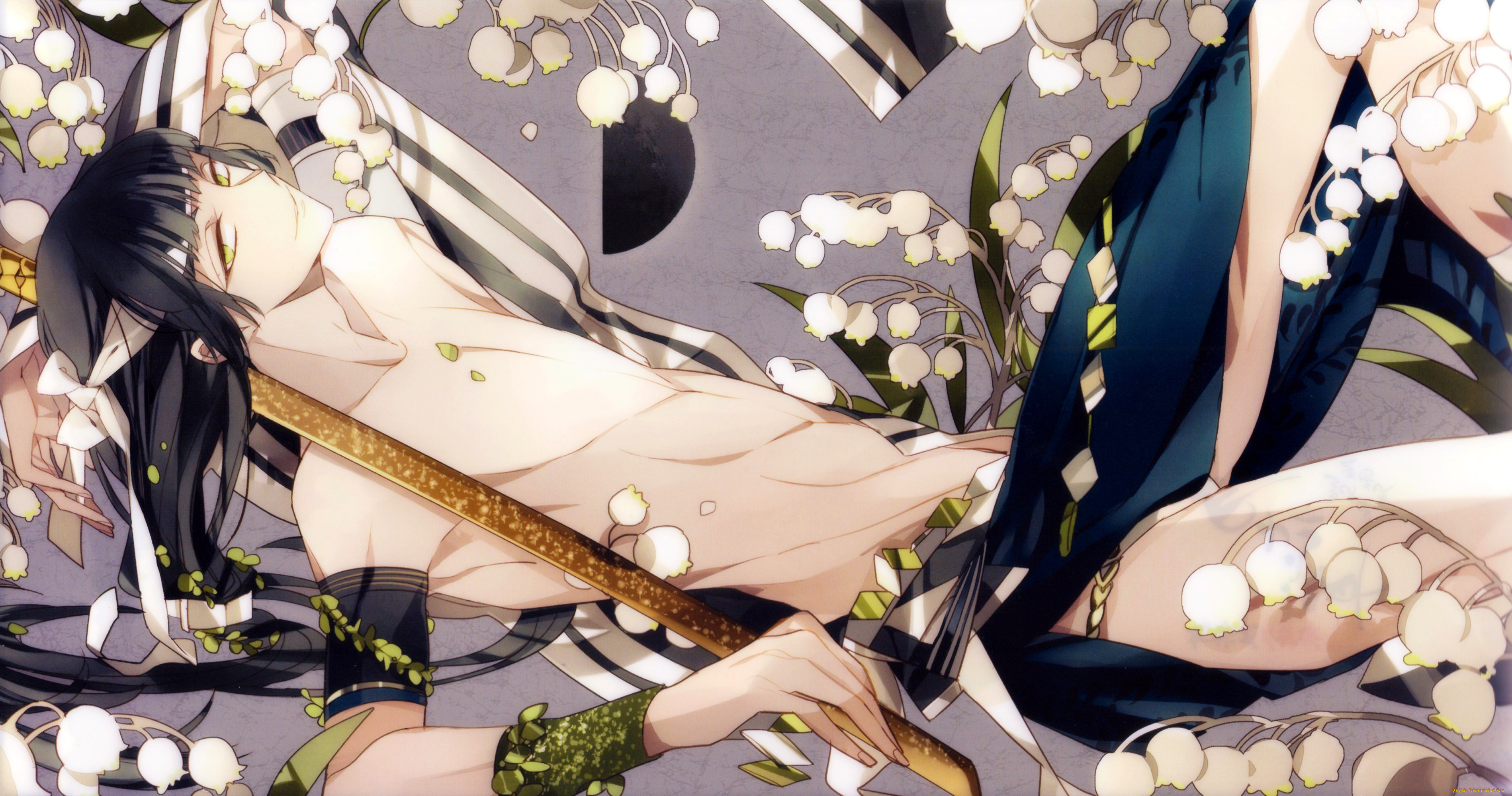 аниме, hakuouki, ландыши, suou, катана, повязка, shinsengumi, kitan, демоны, бледной, сакуры, art, парень, kondou, isami, лежит