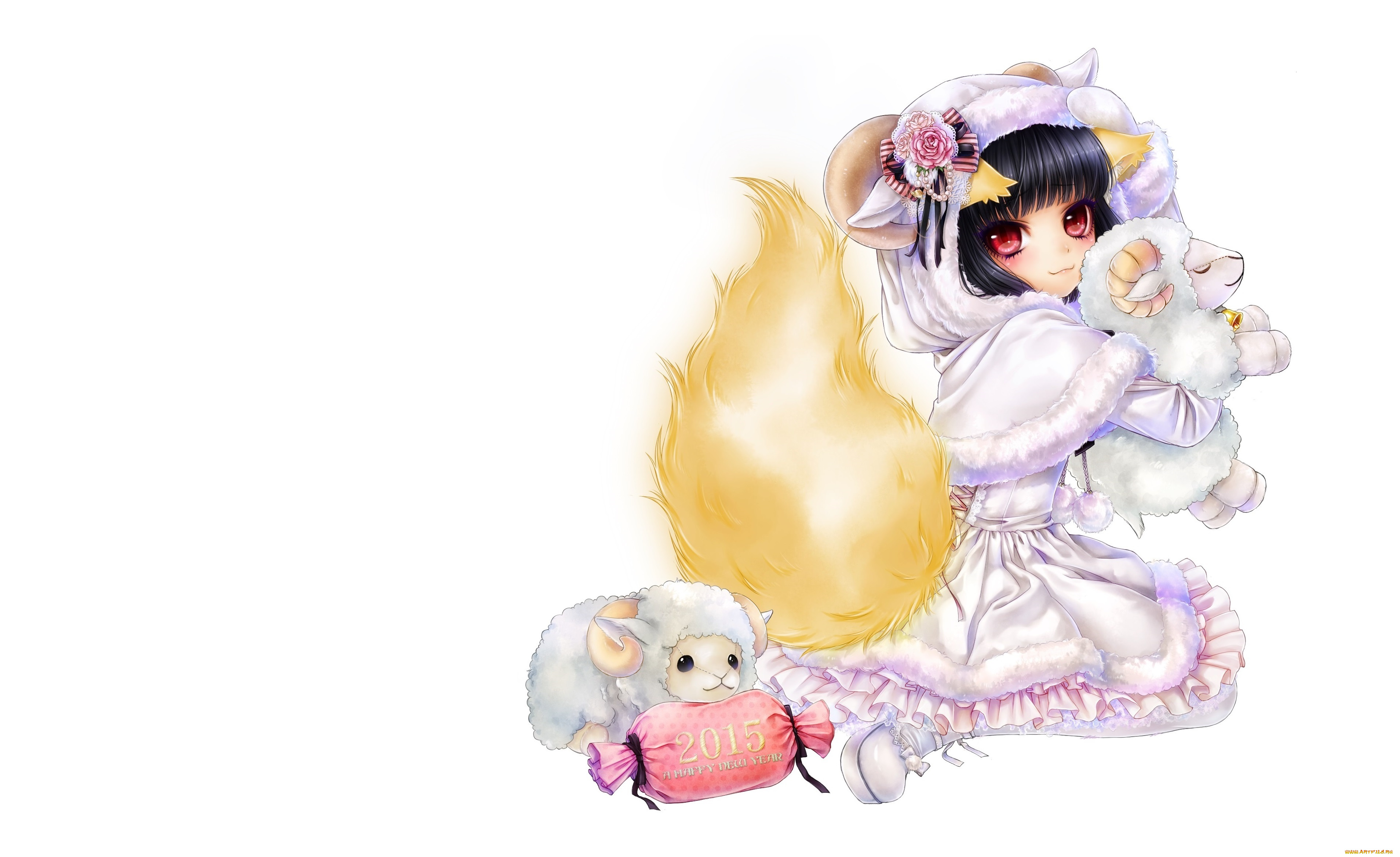 аниме, зима, , новый, год, , рождество, девочка, лисичка, аякаси, hyakki, барашек, арт, подарок, хвостик, костюмчик, карточная, игра, столпотворение, дата, новый, год