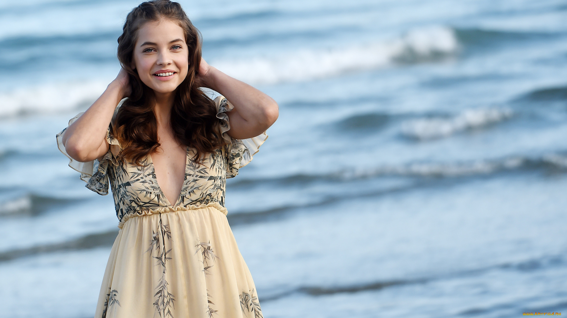 девушки, barbara, palvin, модель, платье, улыбка, море