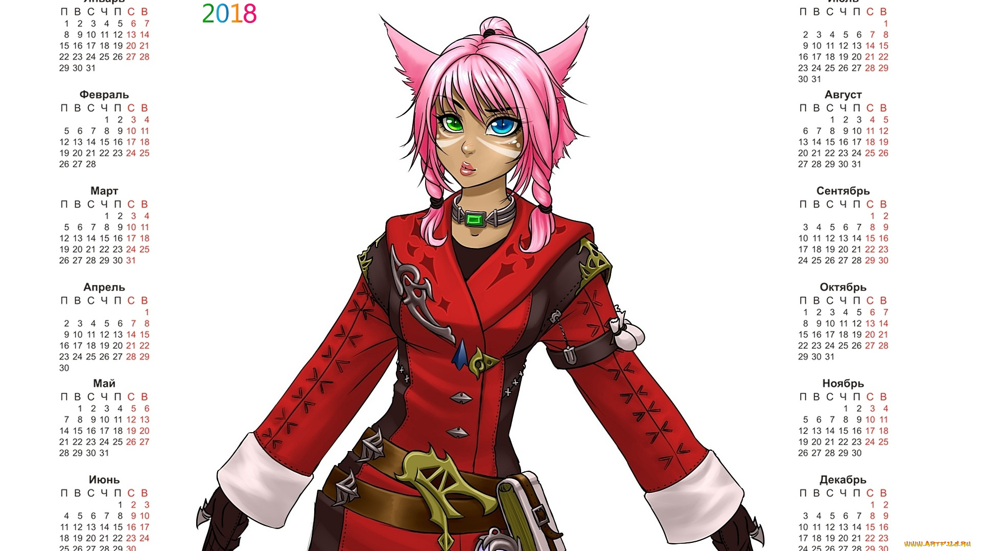 календари, аниме, 2018, девушка, взгляд, костюм