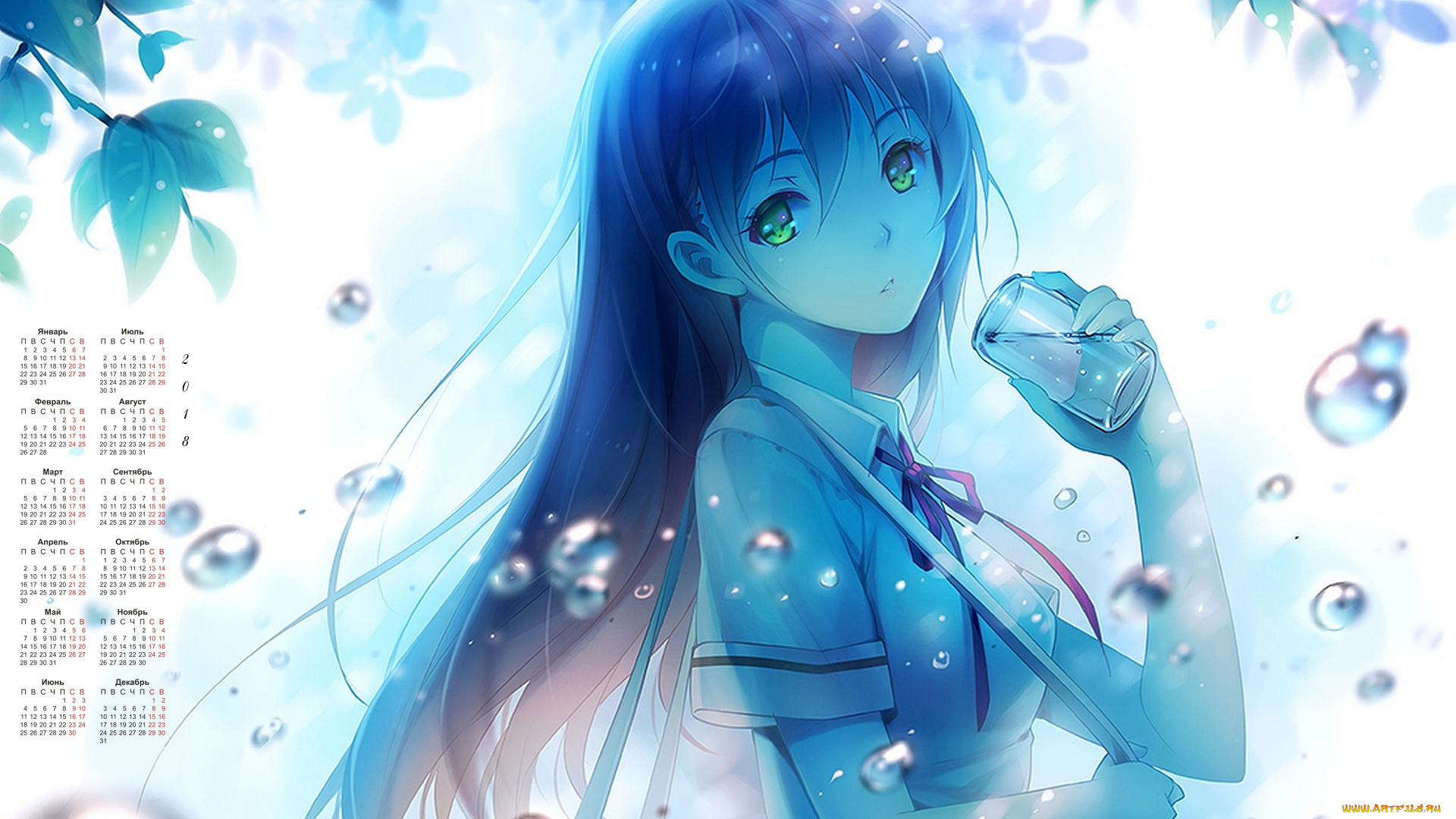 календари, аниме, 2018, взгляд, девушка, стакан, пузыри, листья