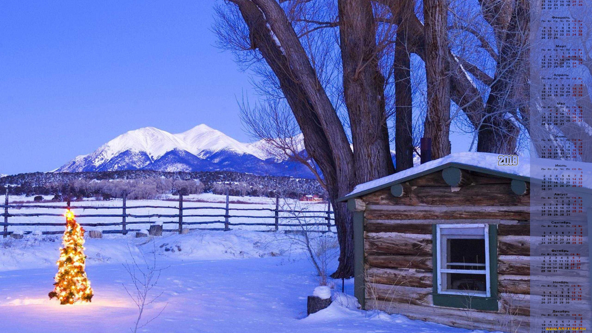 календари, природа, 2018, елка, гирлянда, постройка, гора, снег, деревья