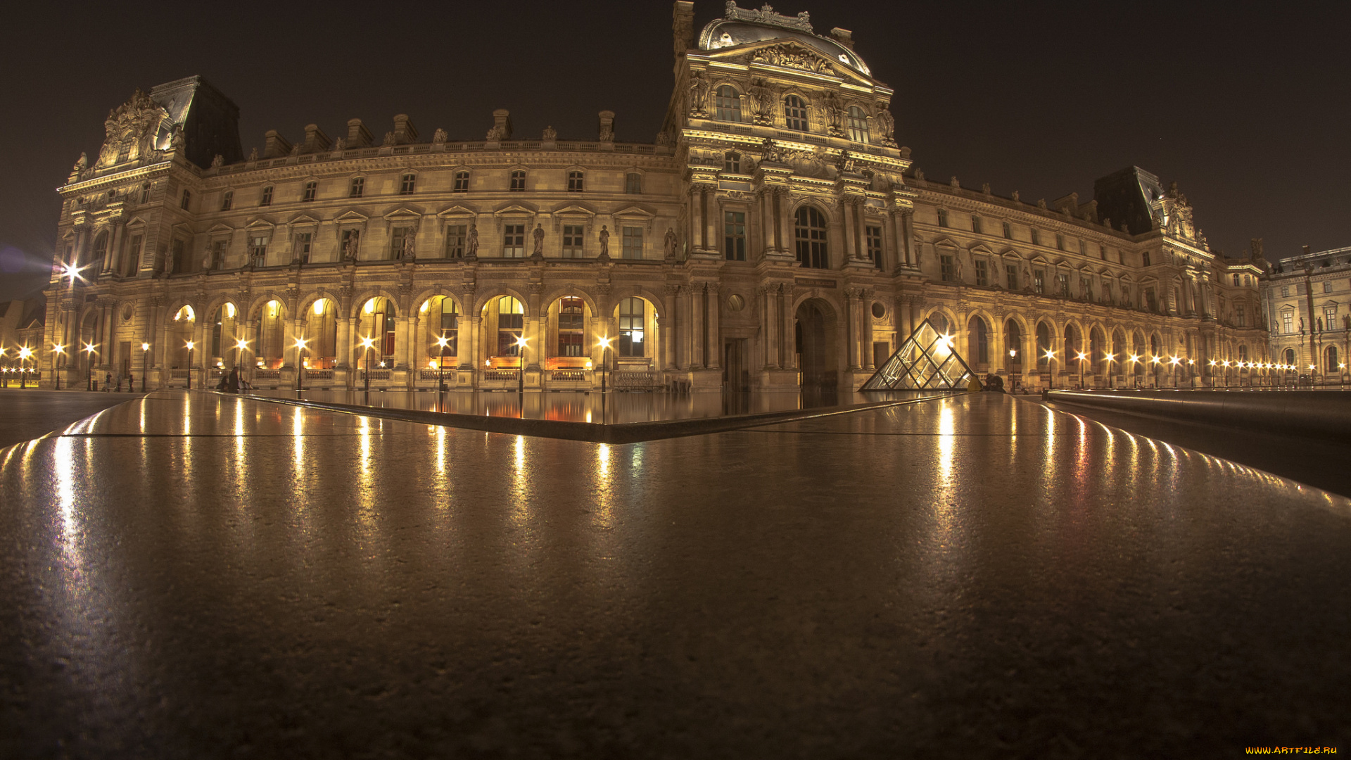 louvre, pyramid, города, париж, , франция, ночь, площадь