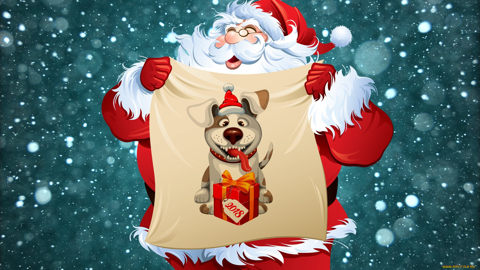 праздничные, векторная, графика, , новый, год, дед, мороз, снег, санта, новый, год, зима, минимализм, собаки, 2018, праздник, настроение, фон