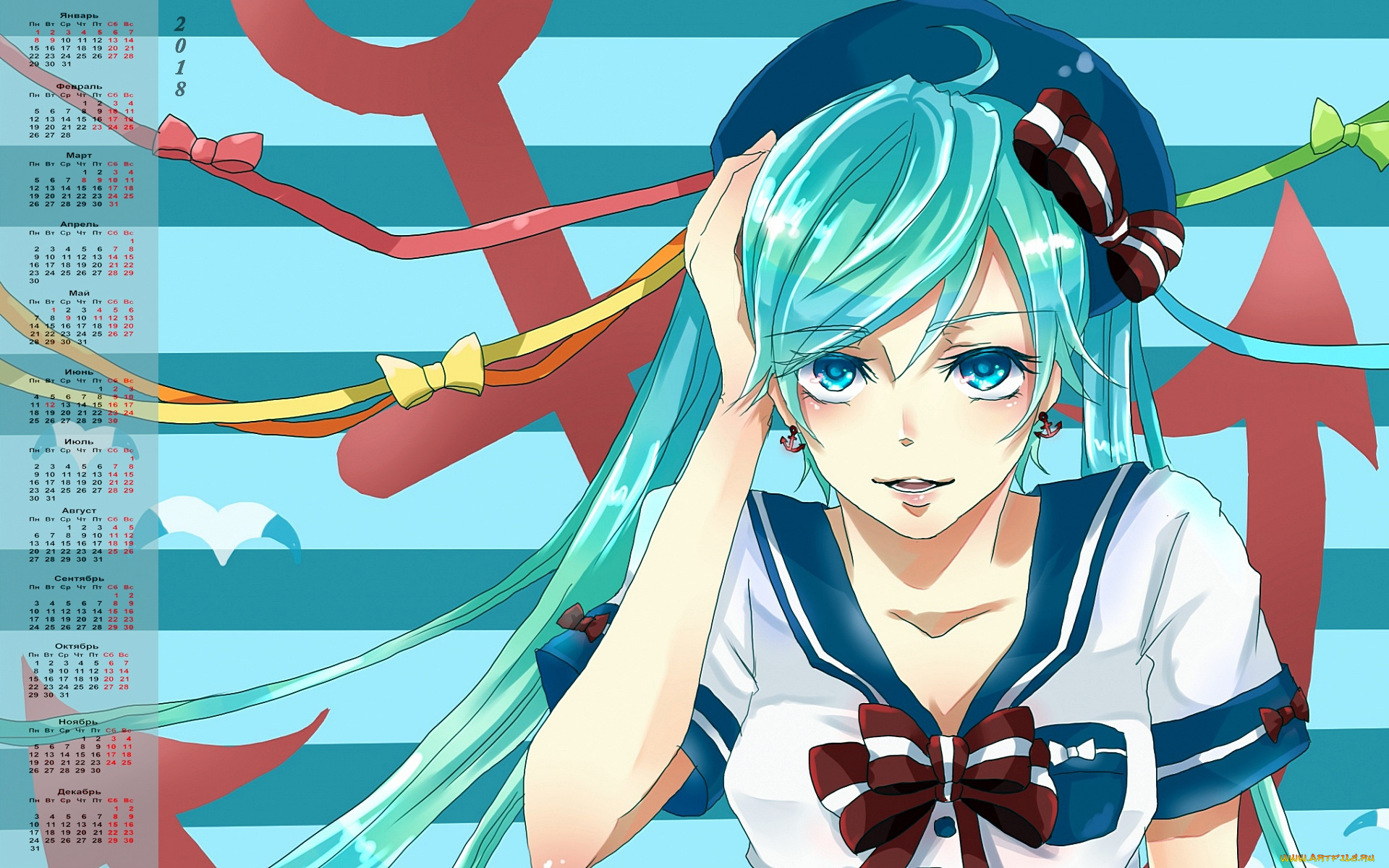 календари, аниме, 2018, девушка, лицо, взгляд, якорь