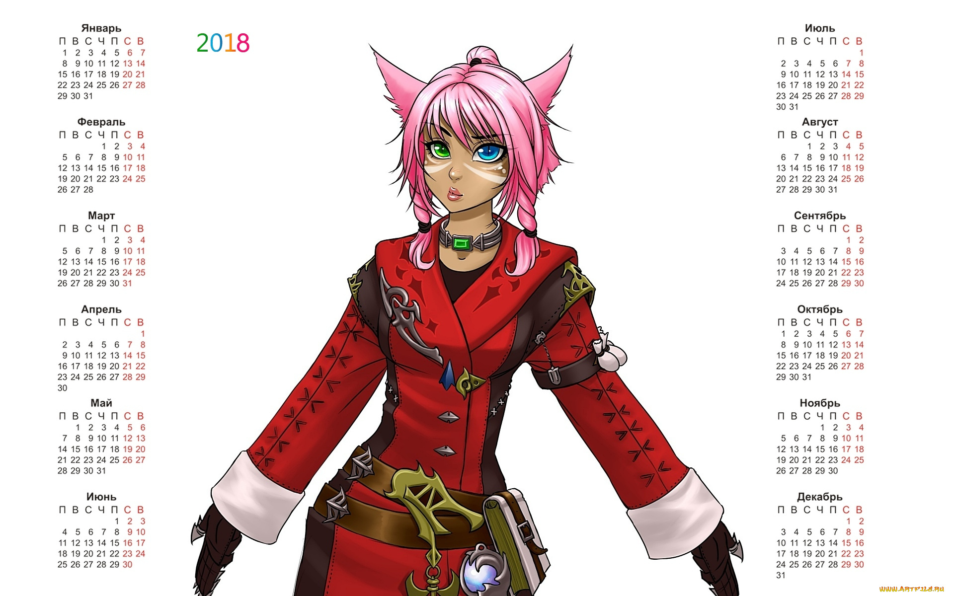 календари, аниме, 2018, девушка, взгляд, костюм