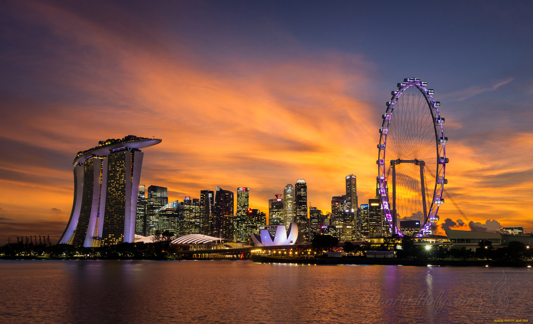 singapore, at, sunset, города, сингапур, , сингапур, простор