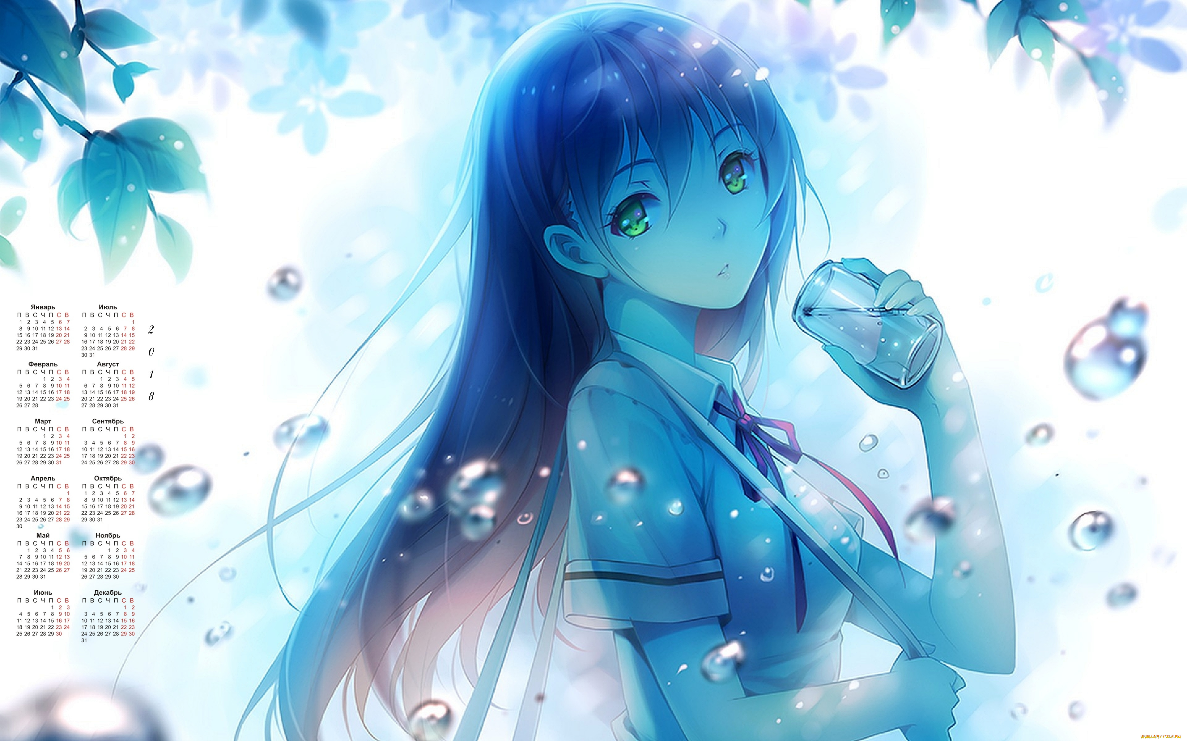 календари, аниме, 2018, взгляд, девушка, стакан, пузыри, листья