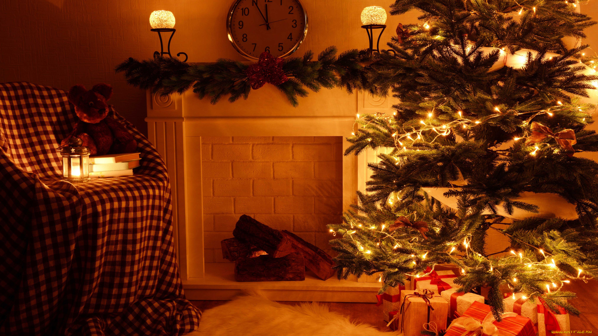 календари, праздники, , салюты, камин, елка, часы, гирлянда