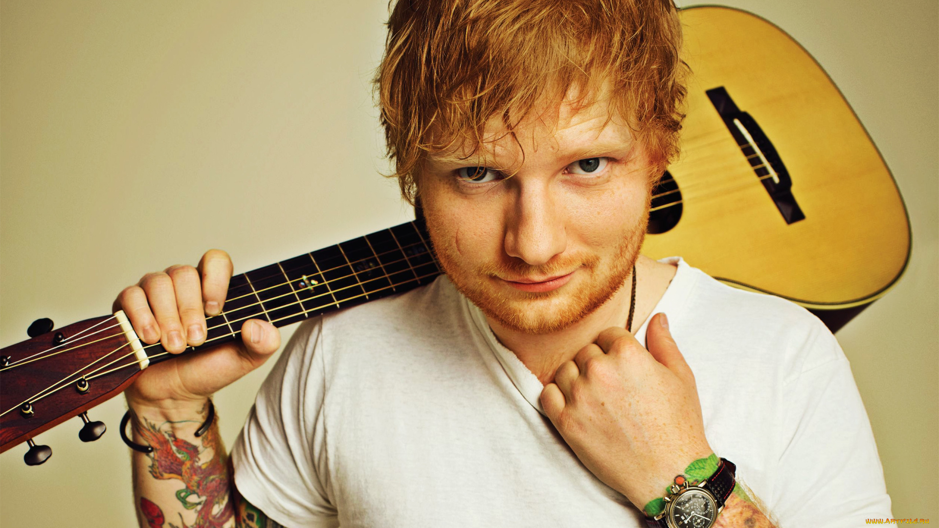 музыка, ed, sheeran, мужчина, фон, взгляд, гитара, кристофер, шеран