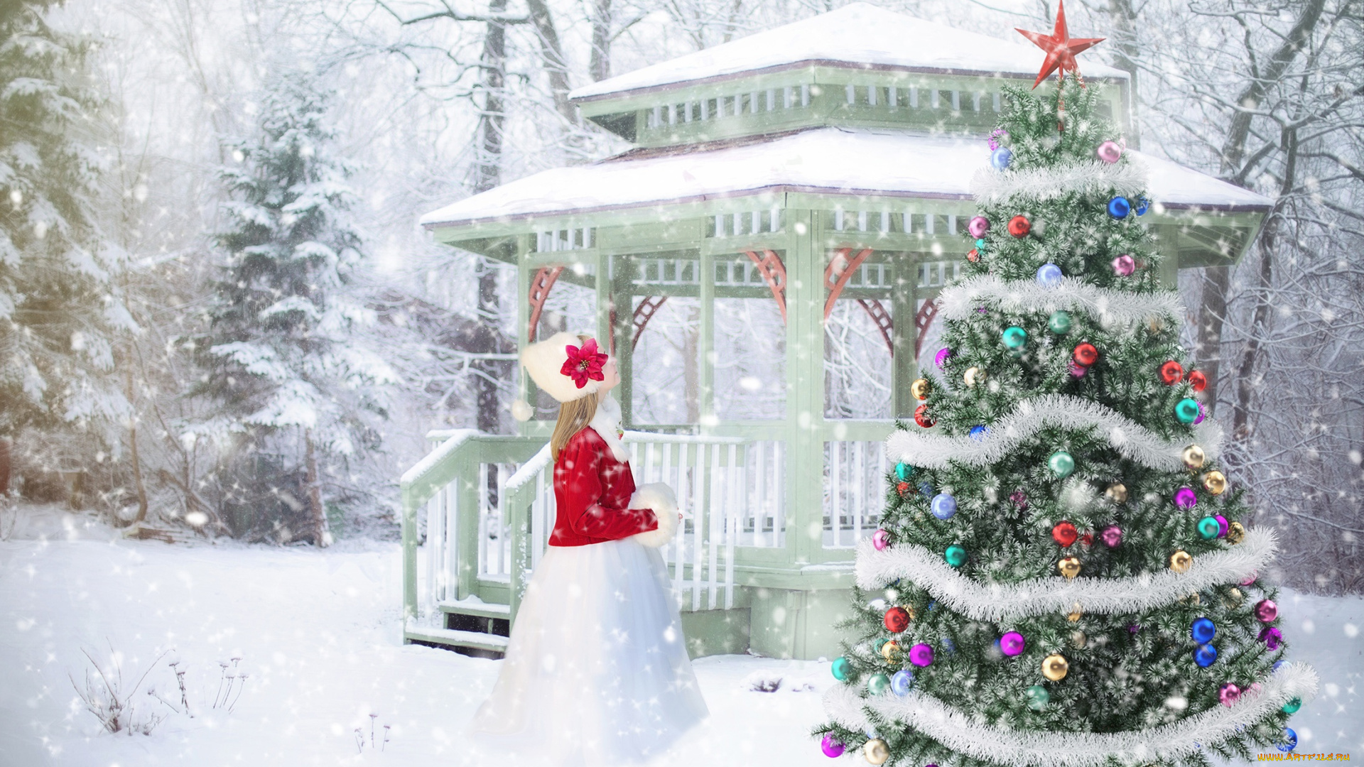 праздничные, Ёлки, снег, зима, елка, украшения, новый, год, девочка, new, year, christmas