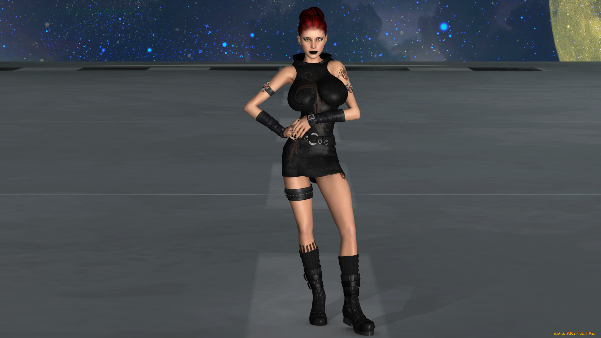 3д, графика, фантазия, , fantasy, девушка, фон, взгляд, тату, платье